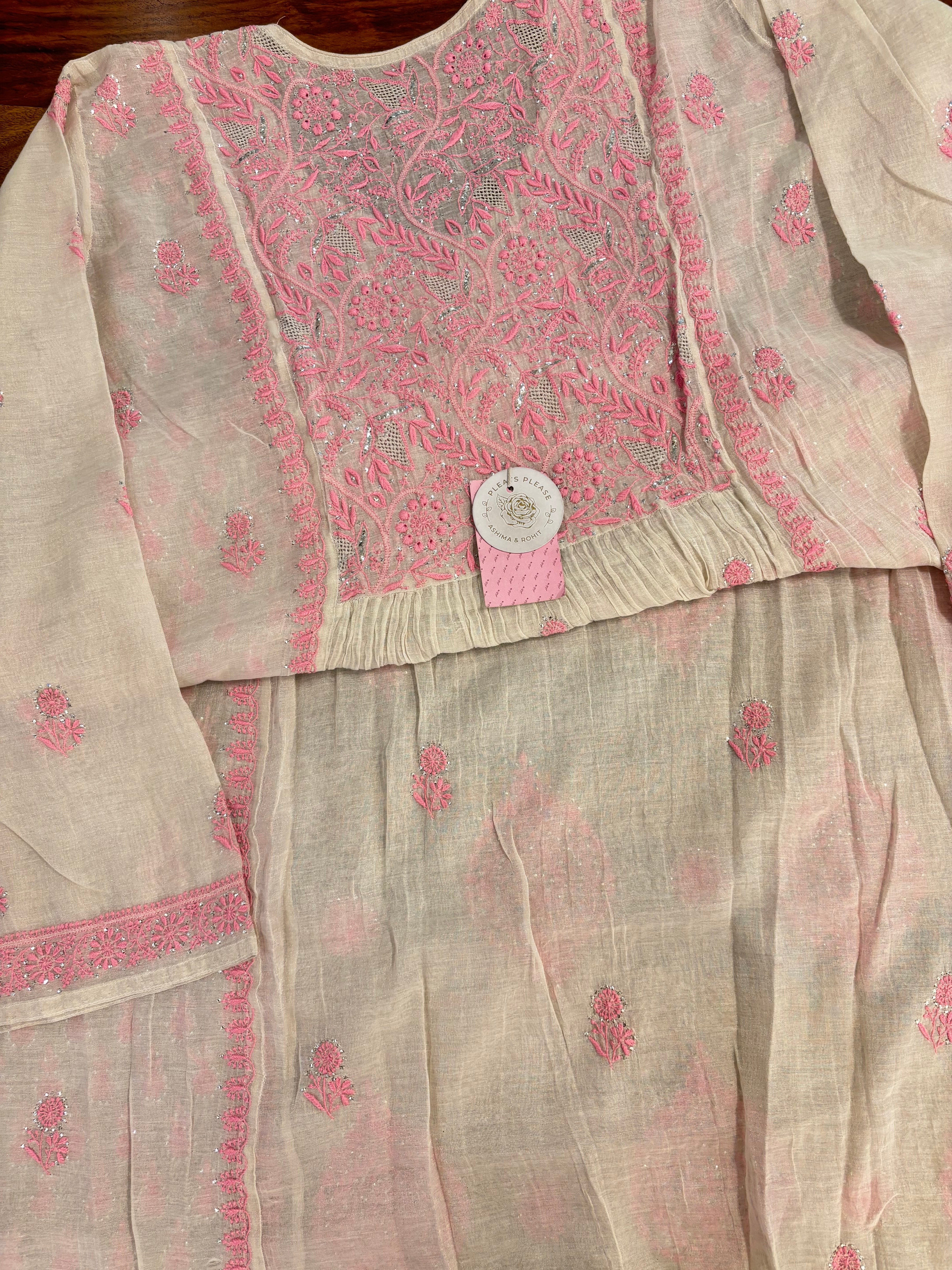 Dyeable Pure & Premium Silver Tissue Mukaish Chikankari Angrakha Kurta & Dupatta Set - Pleats PleaseChikankari