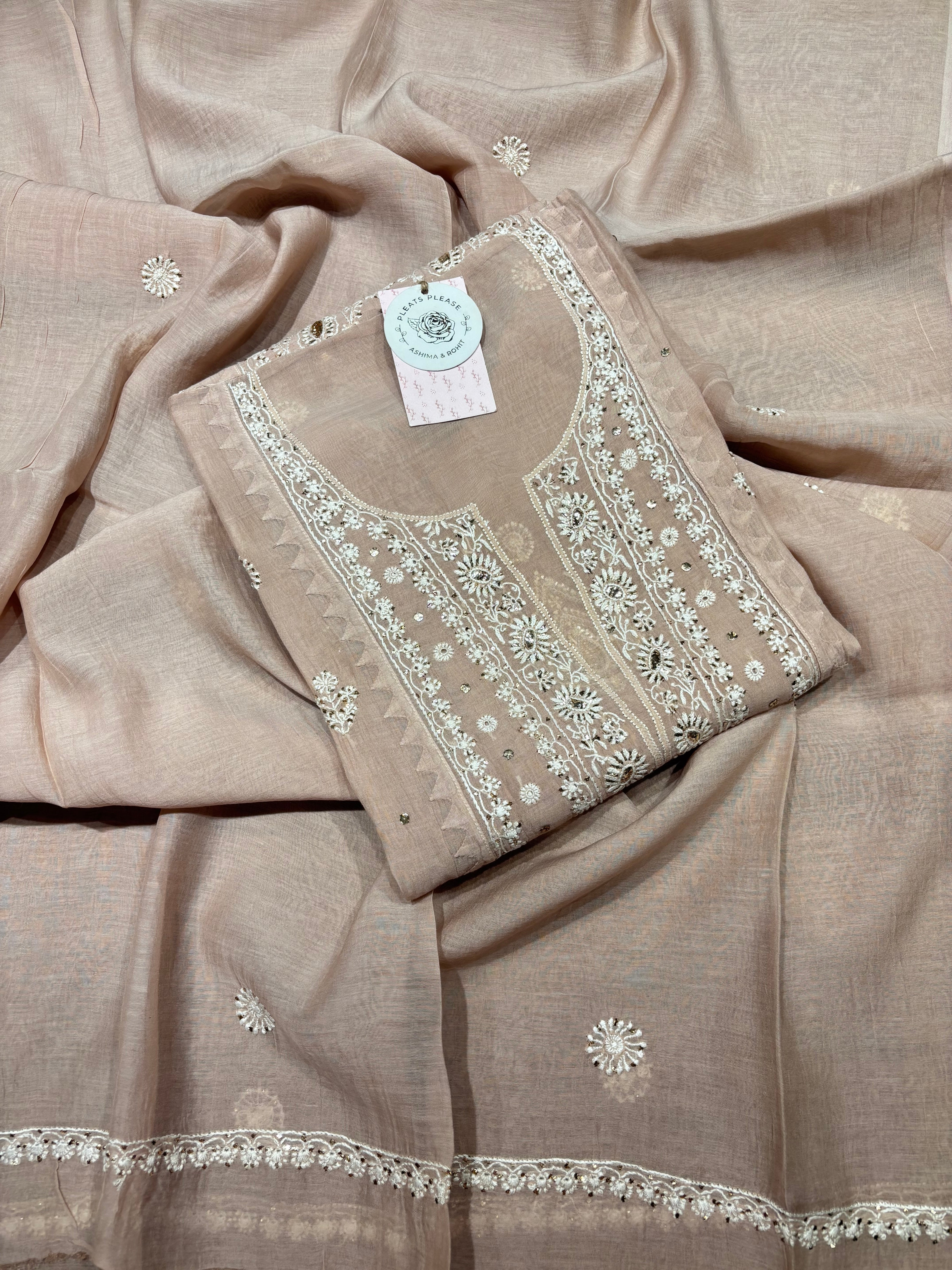 Nude Rose Chanderi Mul Chikankari & Mukaish Kurta & Dupatta Set