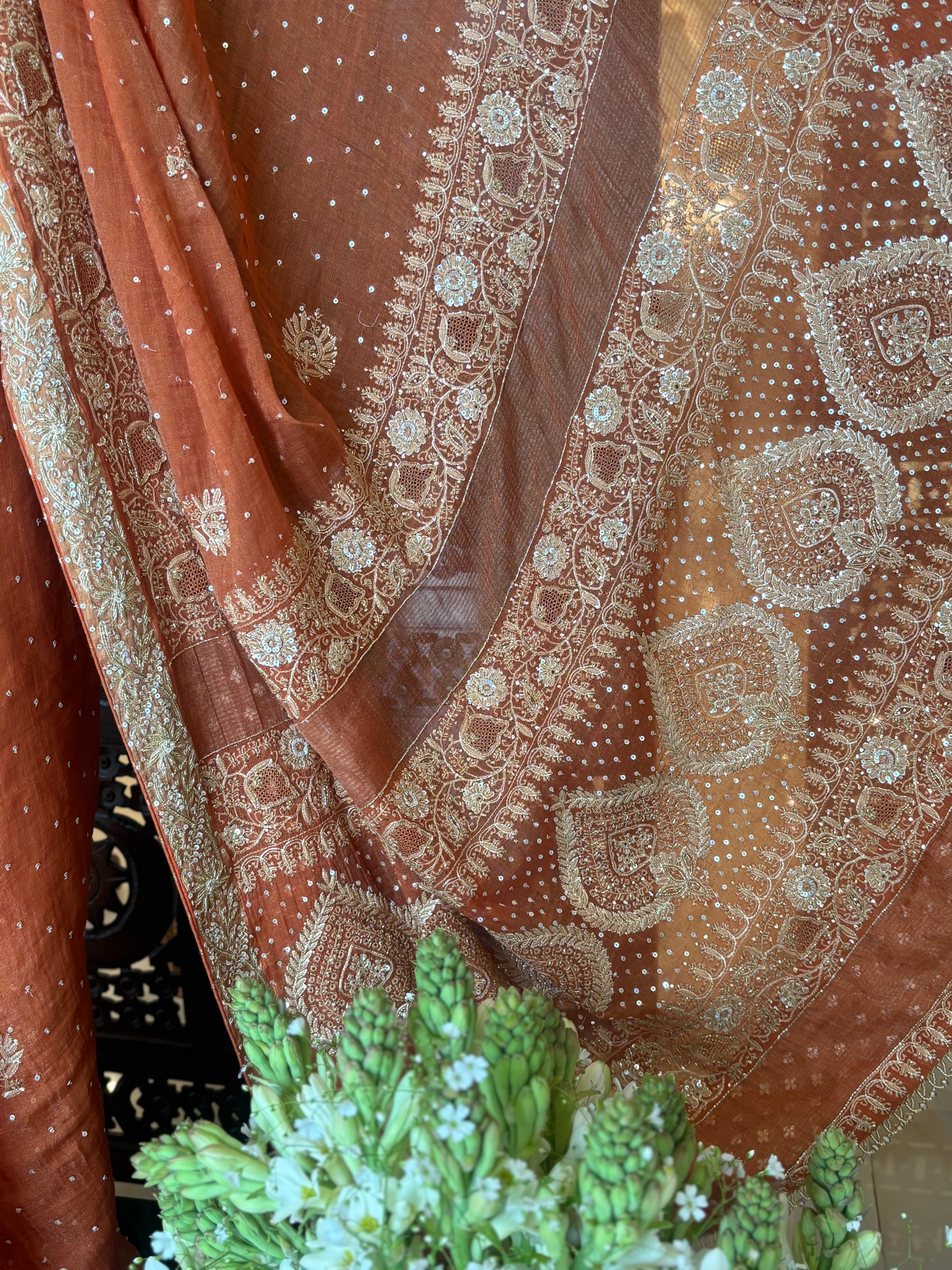 Burnt Orange Pure and Premium Tissue Chikankari Saree and Blouse - Pleats PleaseChikankari