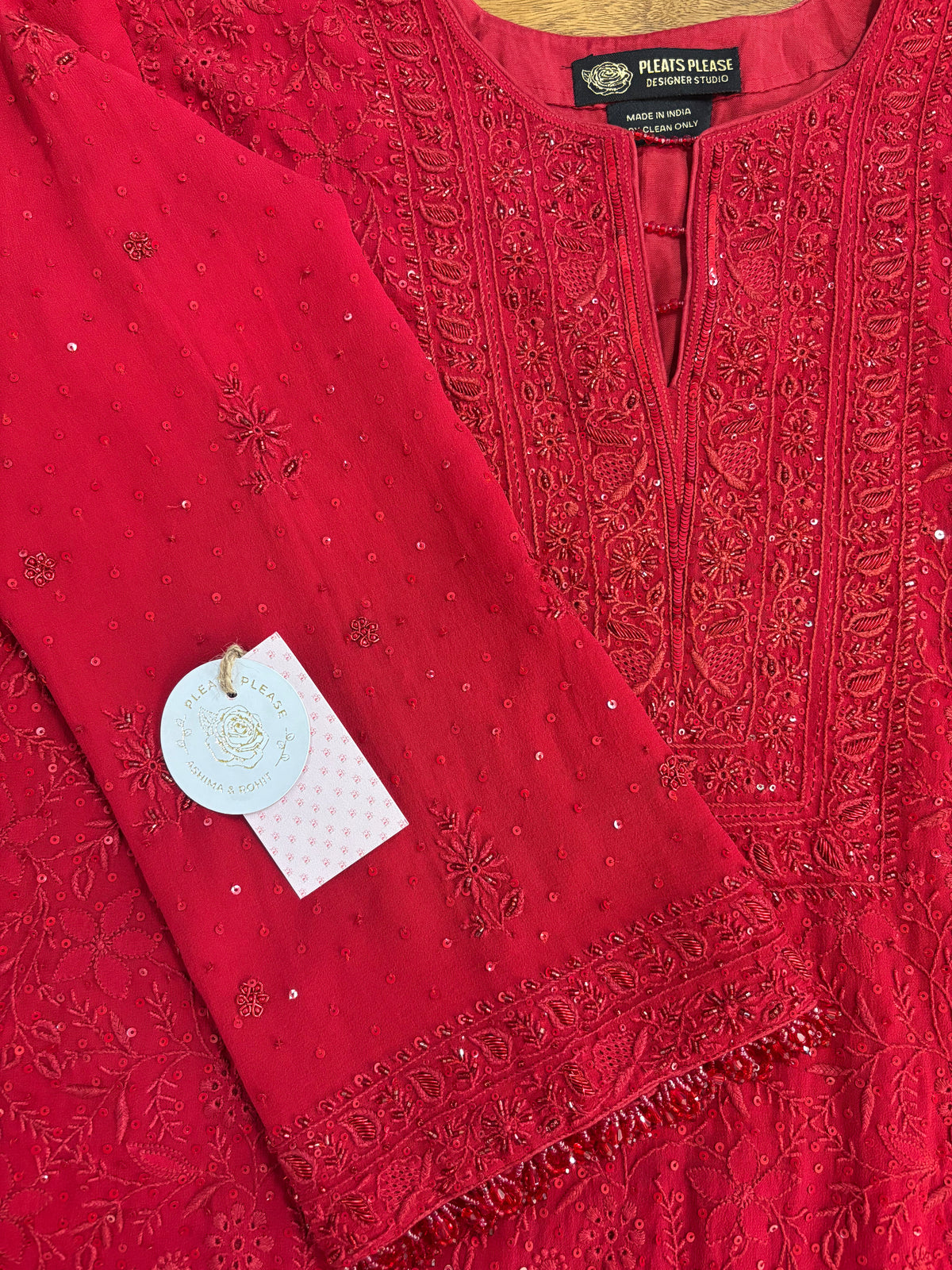 Deep Red Pure & Premium Georgette Chikankari Kurta, Dupatta With Bottom