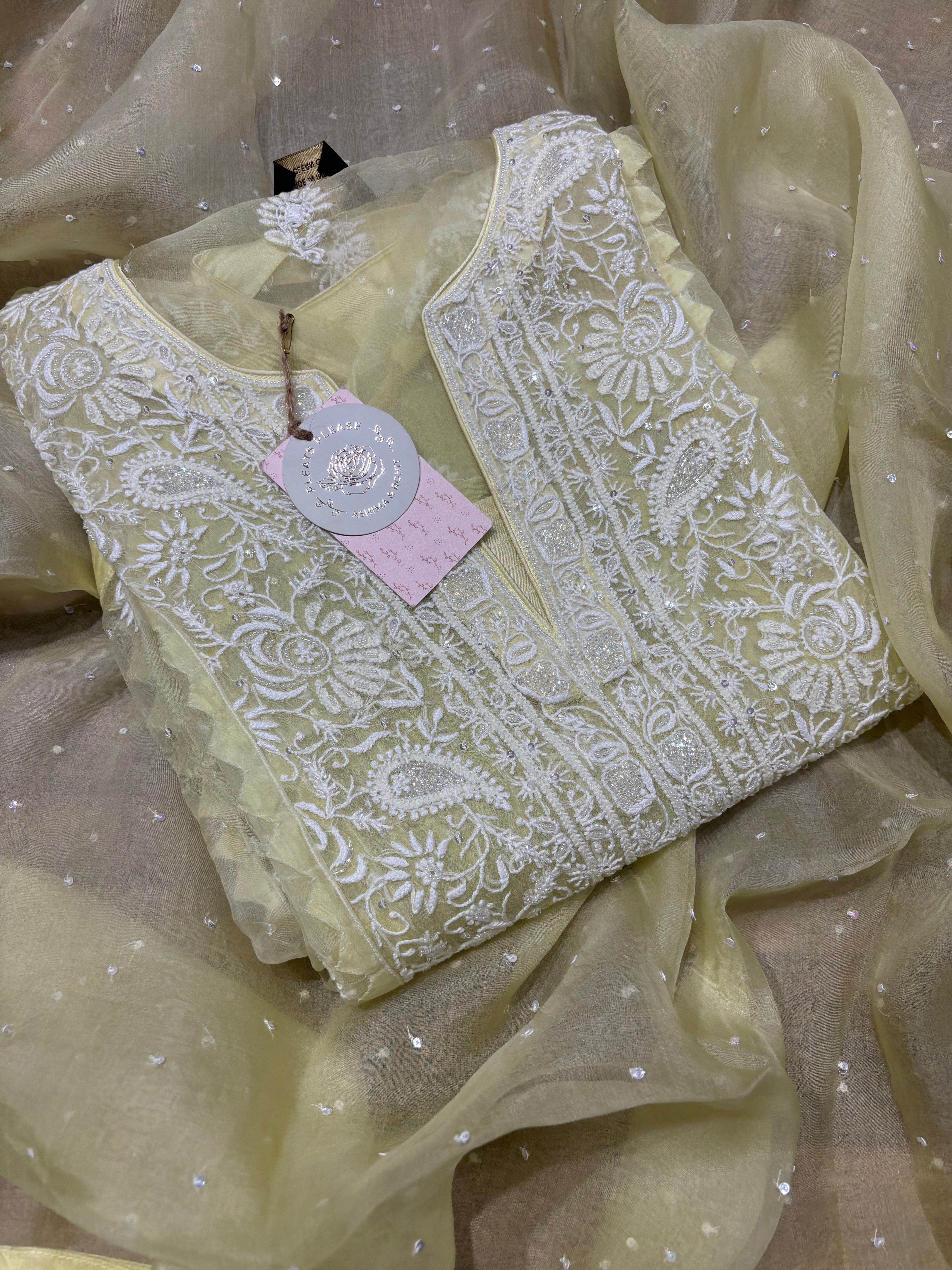 Lime Yellow Pure And Premium Organza Silk Chikankari Kurta And Dupatta Set