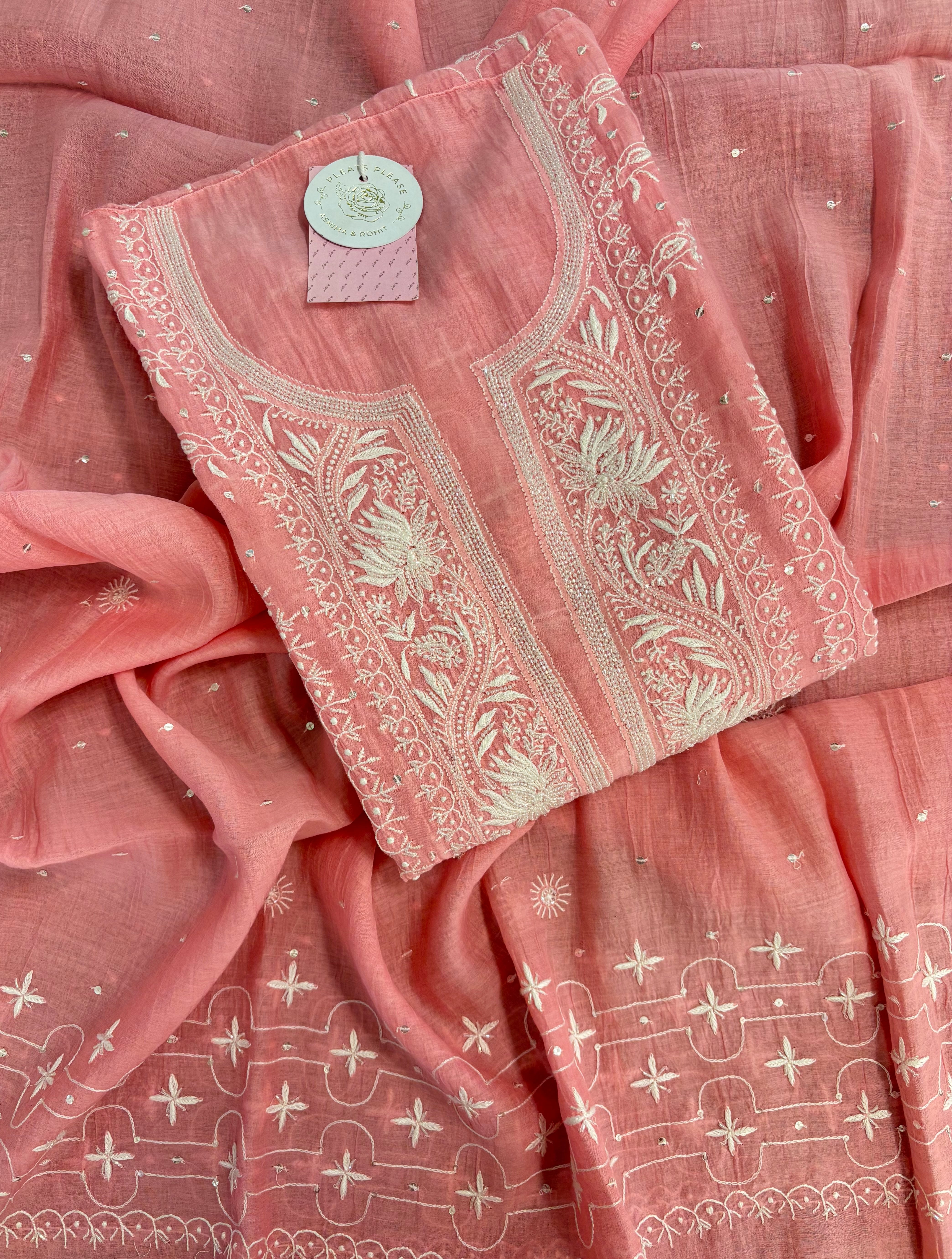 Pink Chanderi Mul Chikankari Anarkali & Dupatta Set