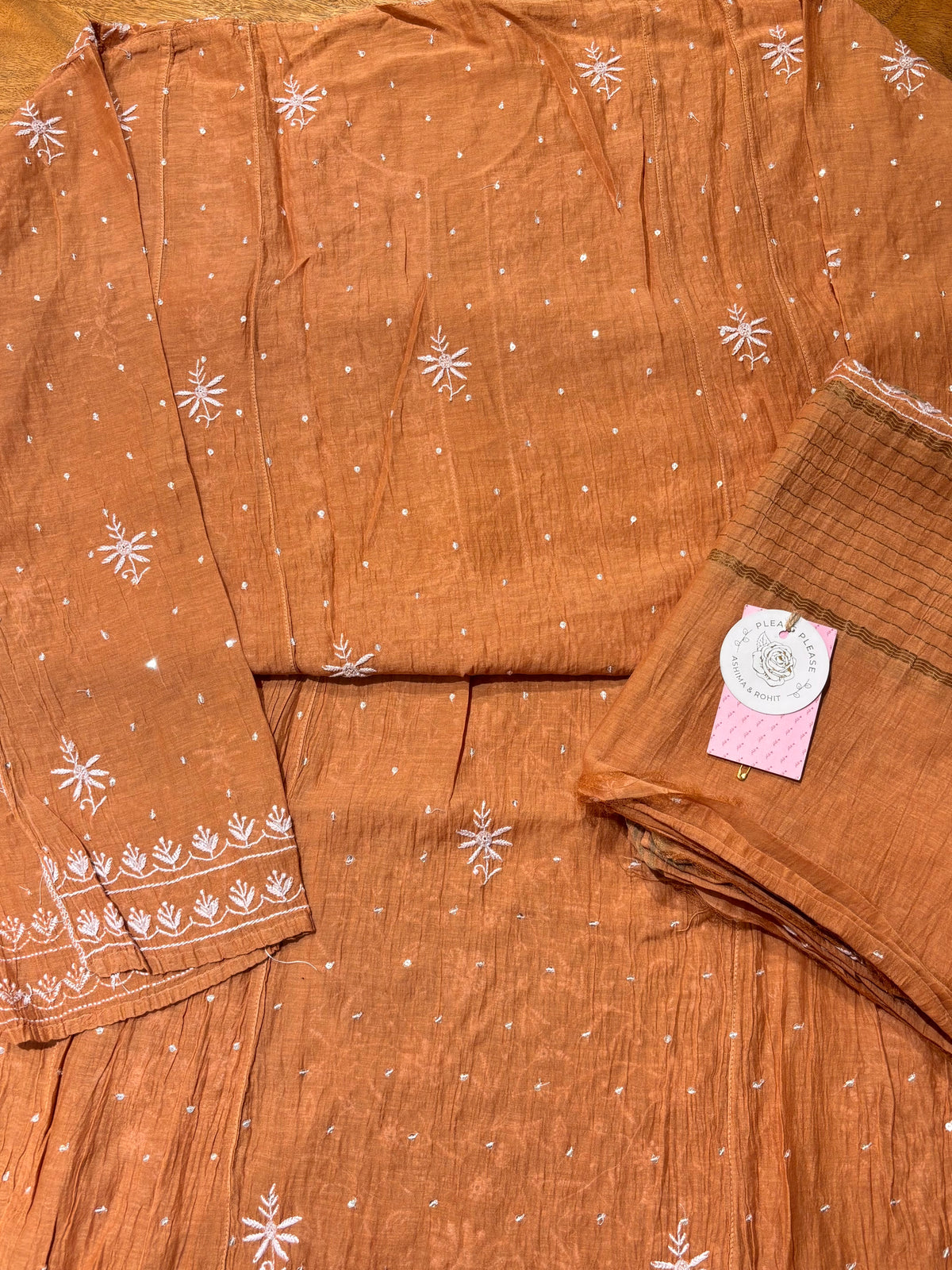 Caramel Brown Chanderi Mul Chikankari A-Line Kurta & Dupatta