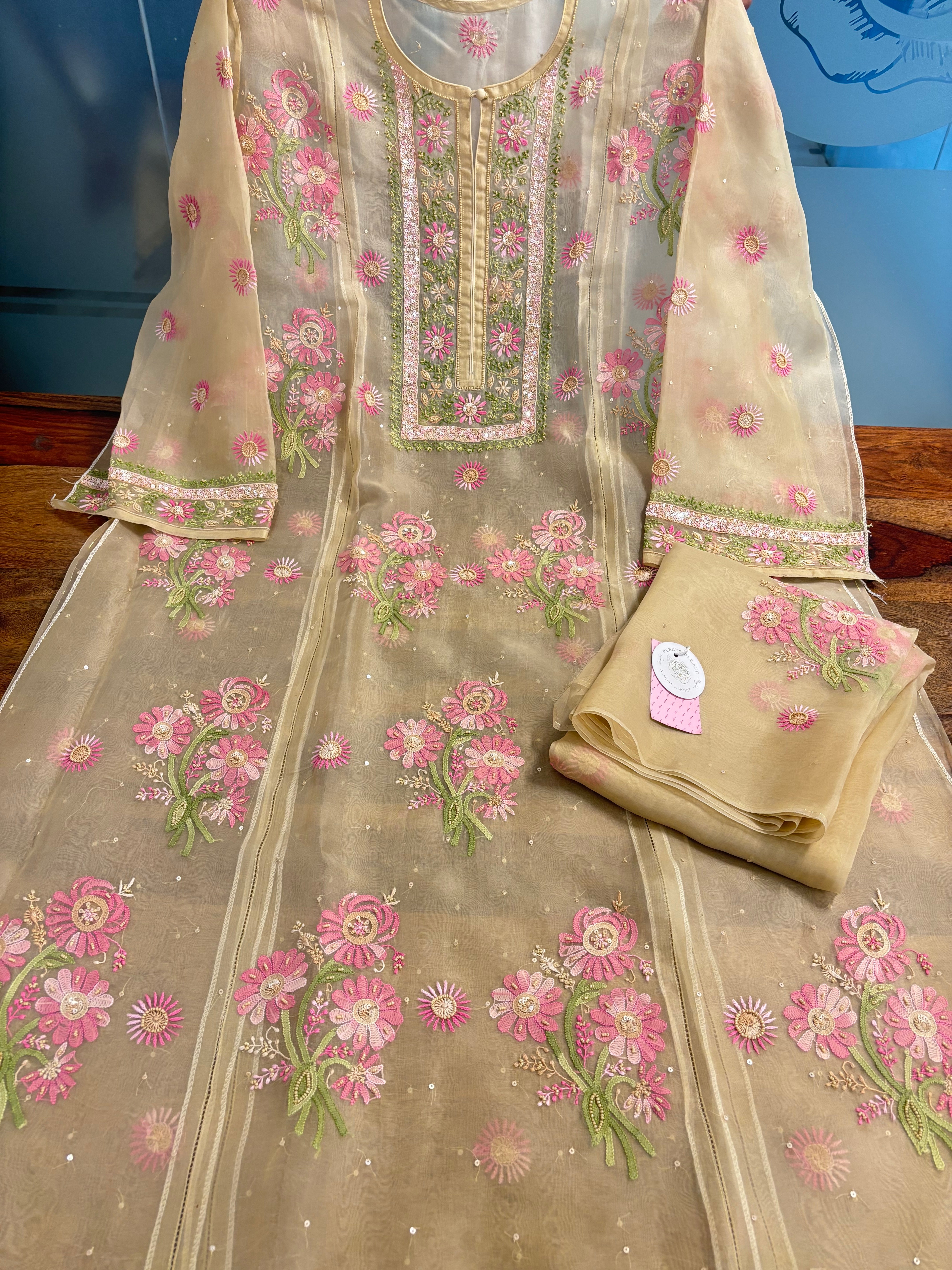 Golden Pure Organza Silk Chikankari Kurta & Dupatta