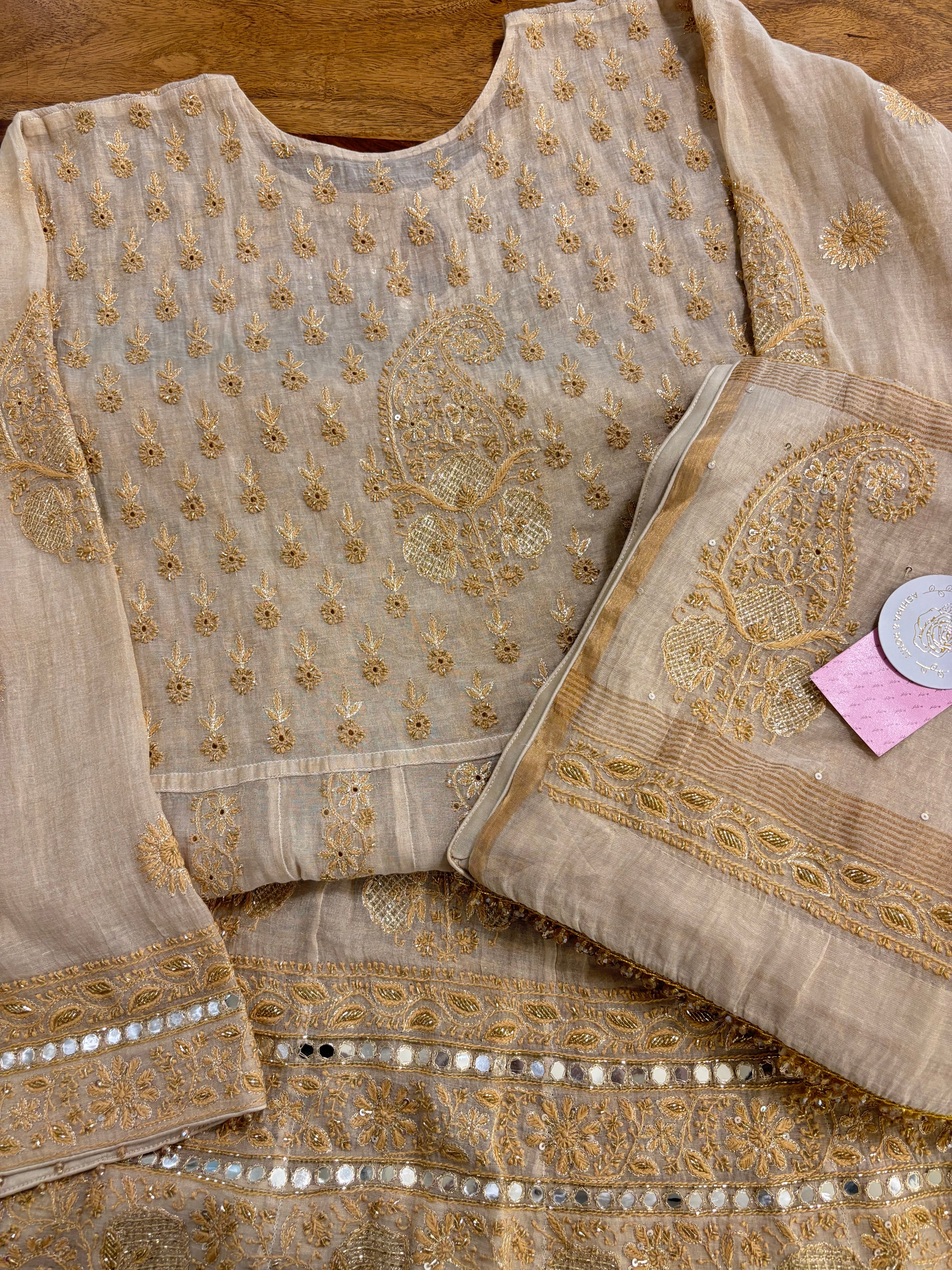 Dyeable Pure & Premium Tissue Mirror Chikankari Bajirao Anarkali & Dupatta