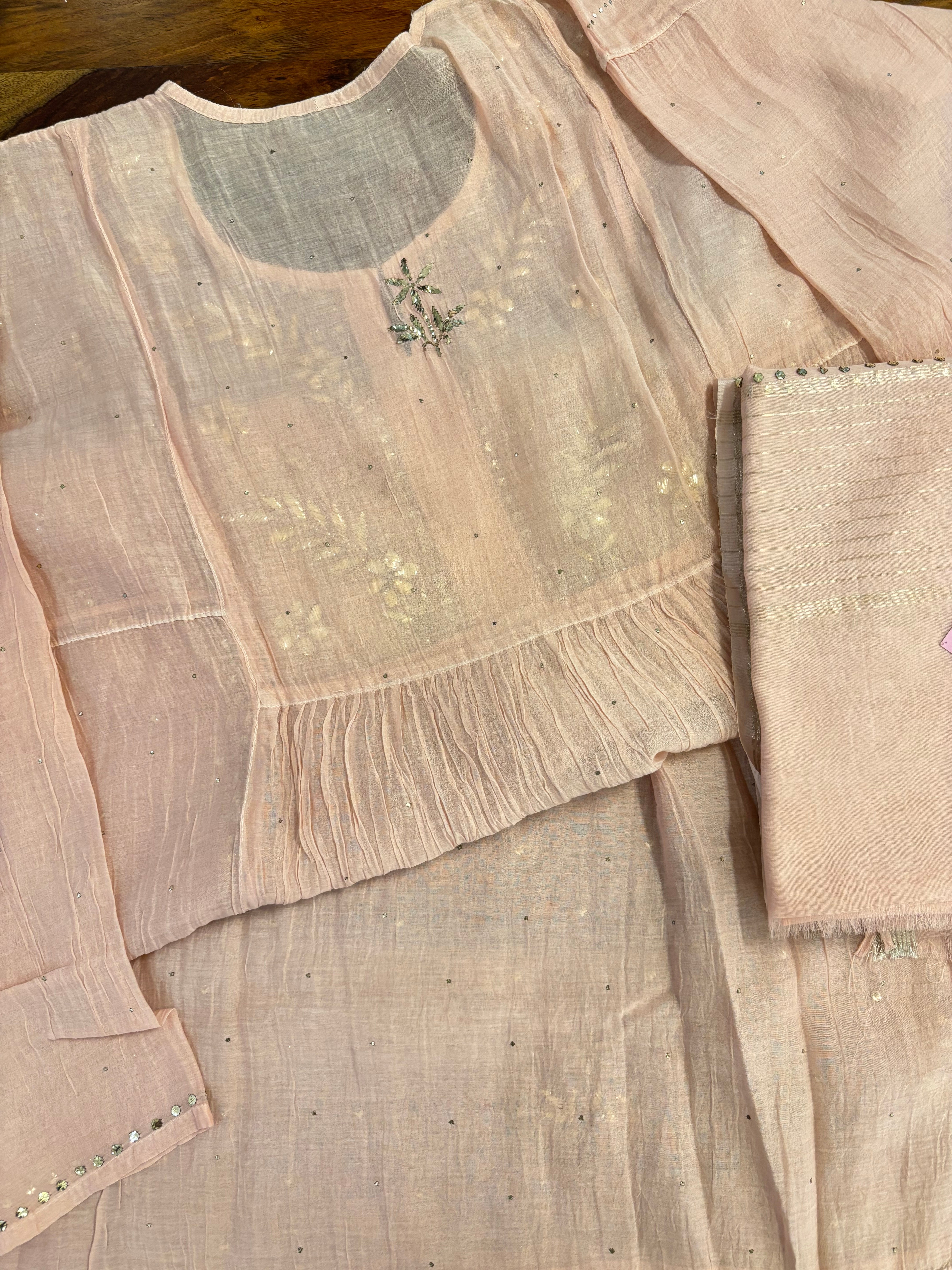 Peach Chanderi A-Line Mukaish Kurta & Dupatta