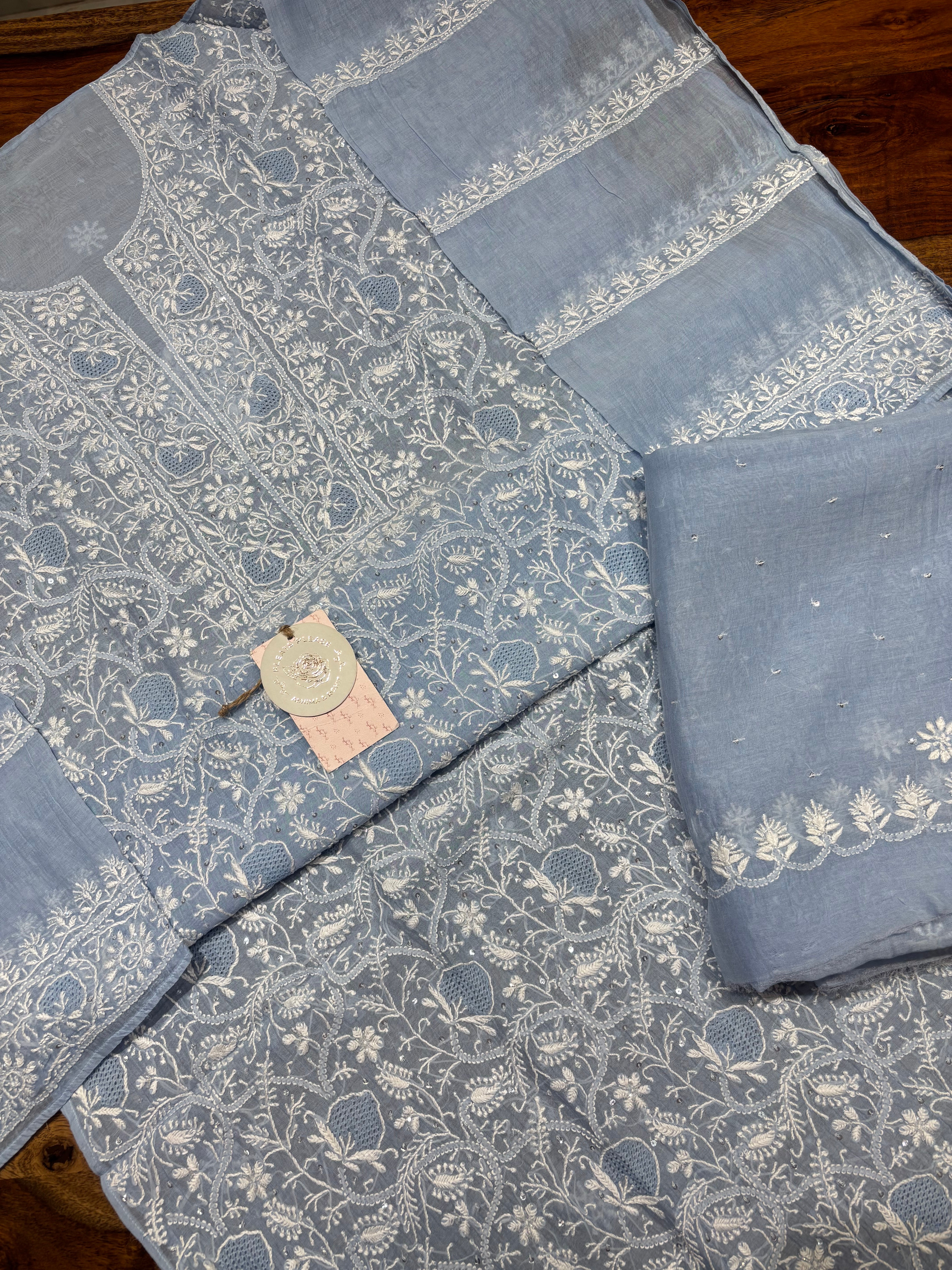 Powder Blue Chanderi Mul Chikankari Kurta & Dupatta Set
