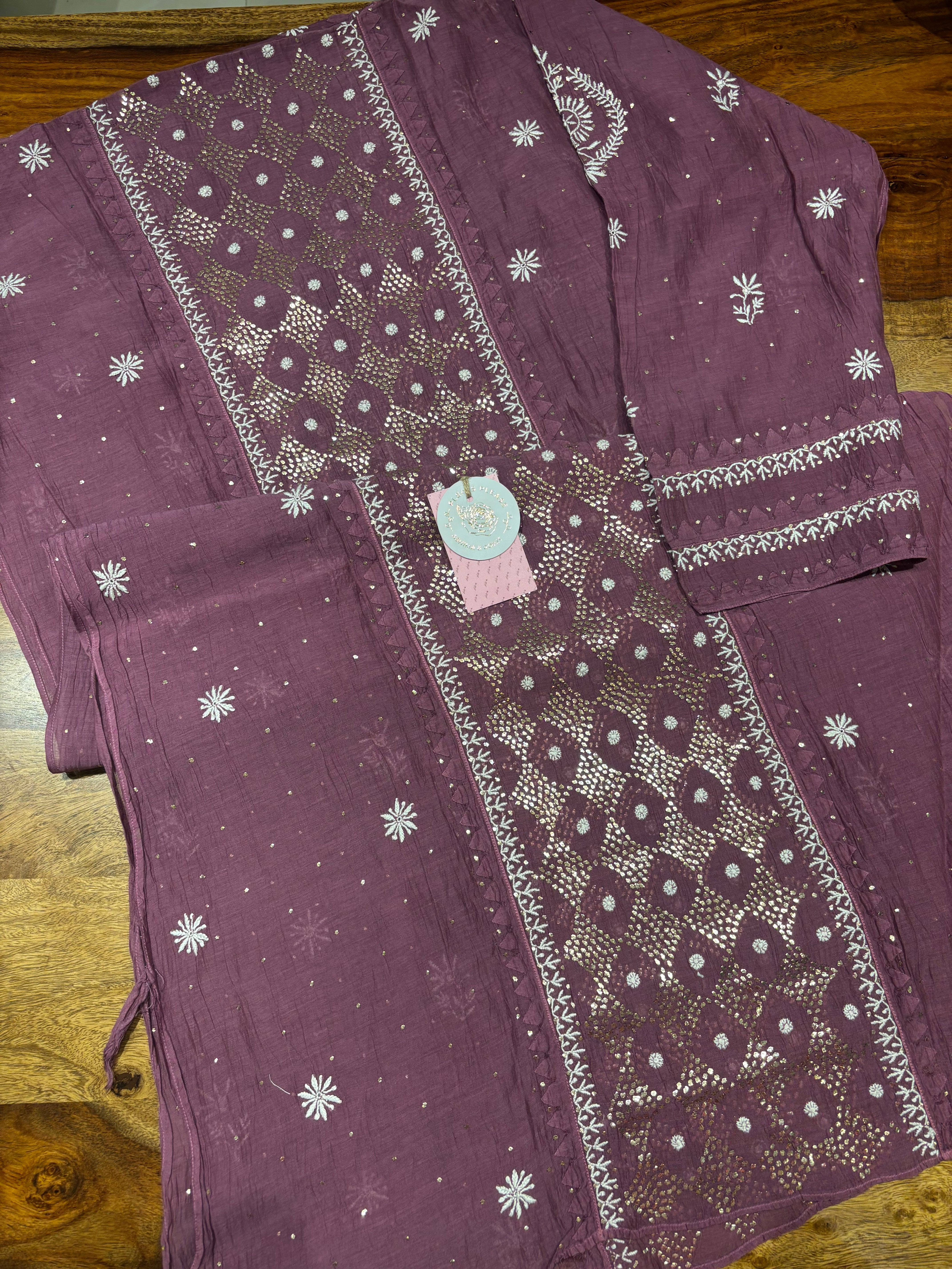 Aubergine Chanderi Mul Chikankari & Mukaish Kurta & Dupatta Set