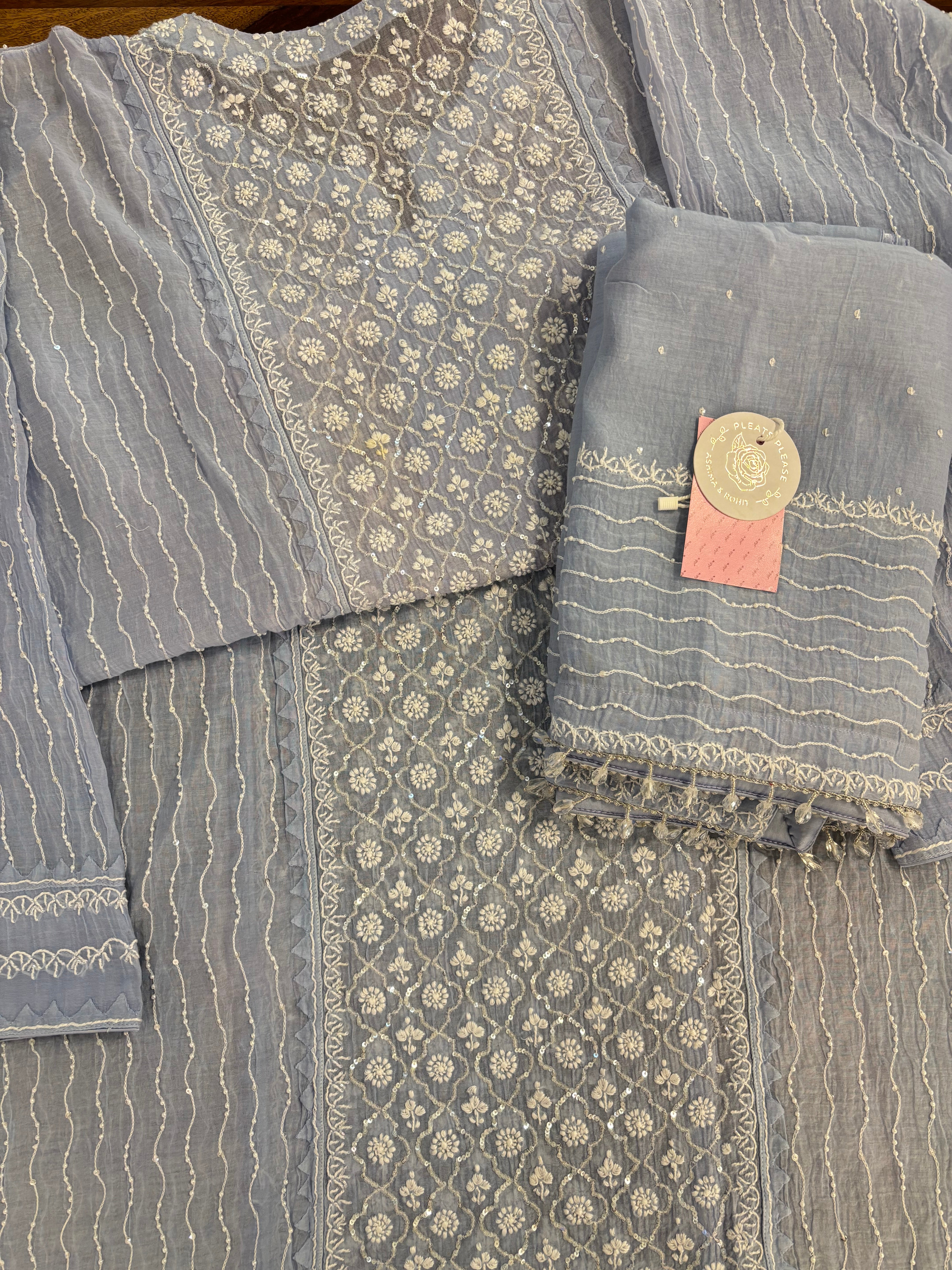 Powder Blue Chanderi Chikankari Kurta & Dupatta