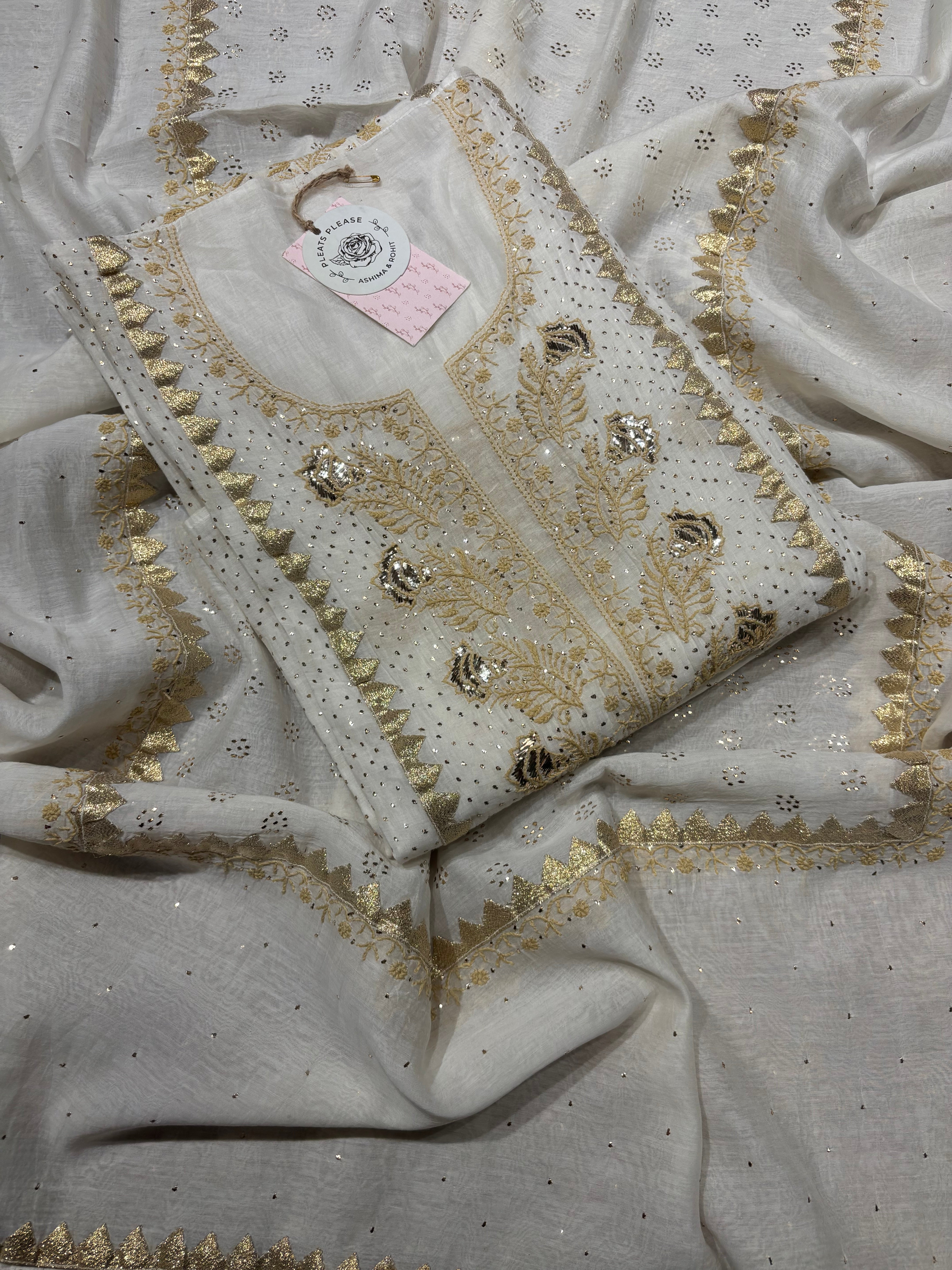 Dyeable Chanderi Mul Chikankari And Mukaish Kurta and Dupatta set