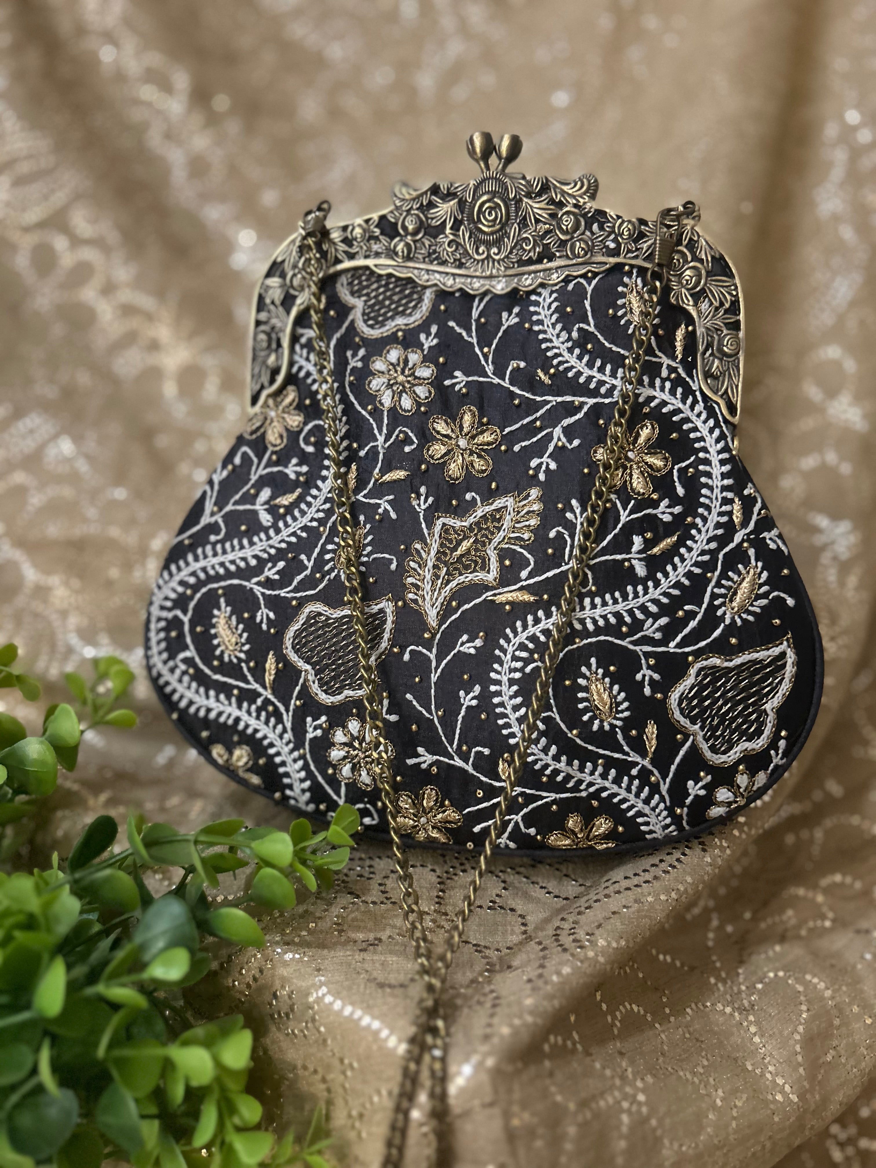 Black Chikankari Clutch Bag
