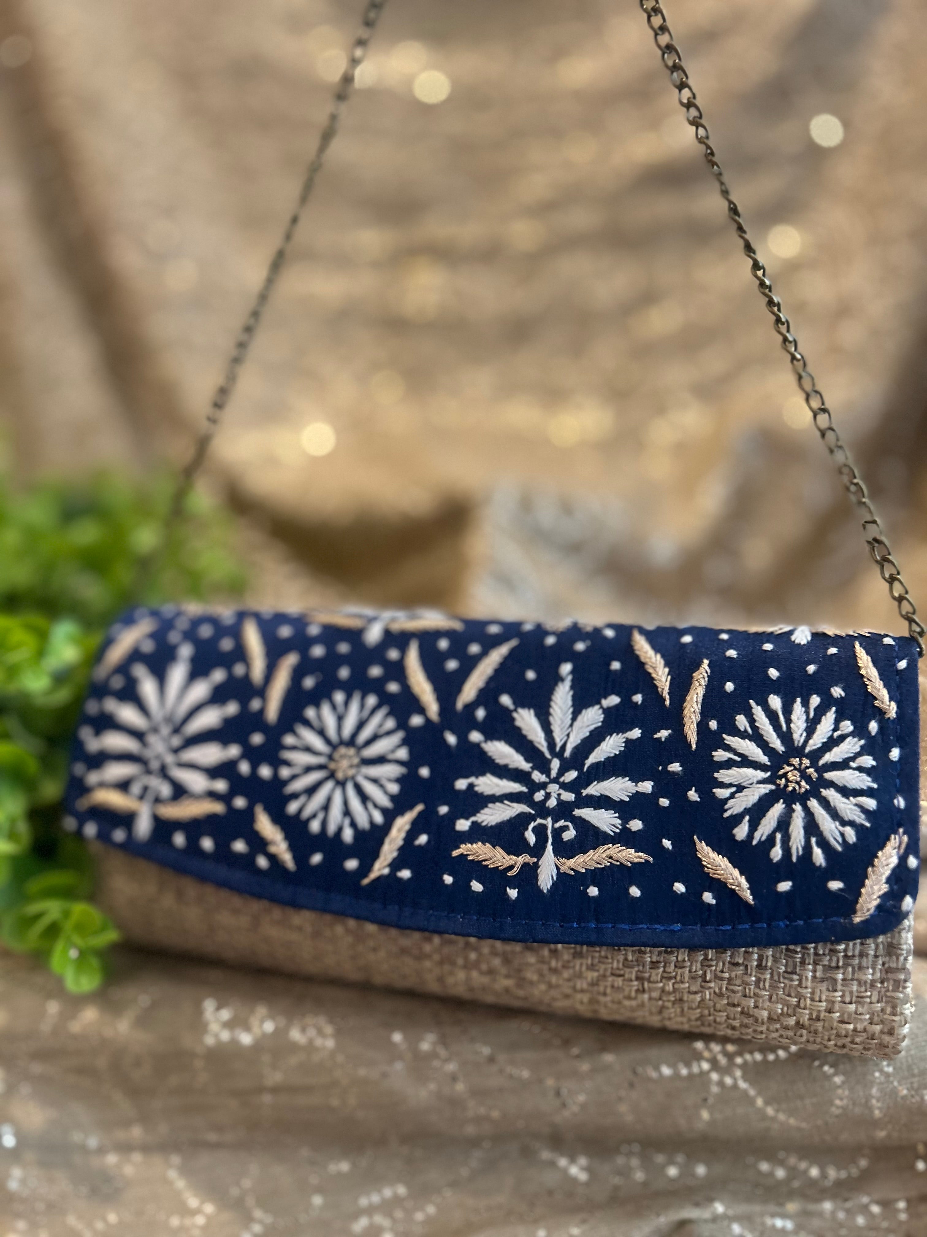 Navy Blue Chikankari Jute Bag