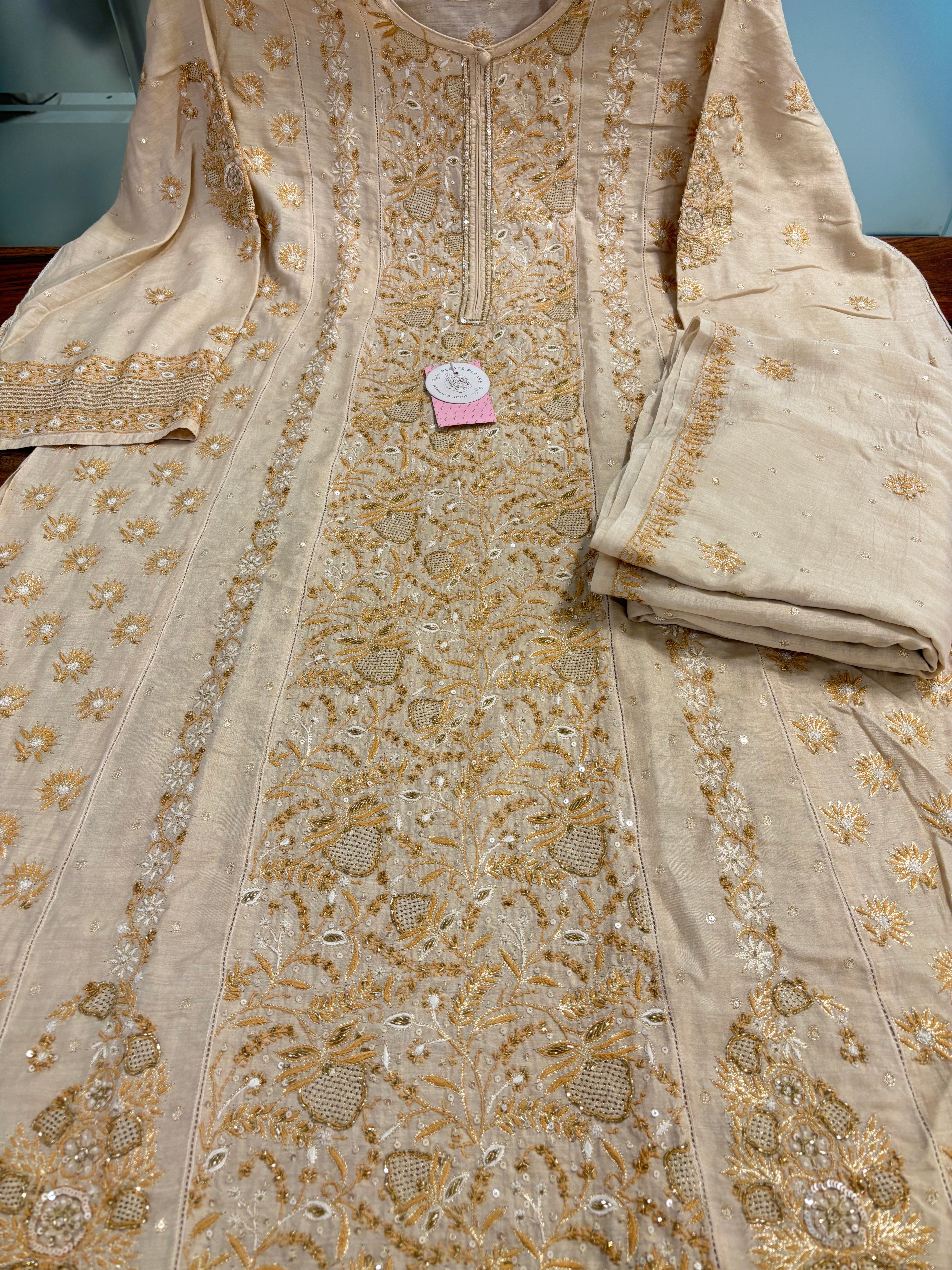 Dyeable Natural Monga Silk Chikankari A-line Kurta & Dupatta