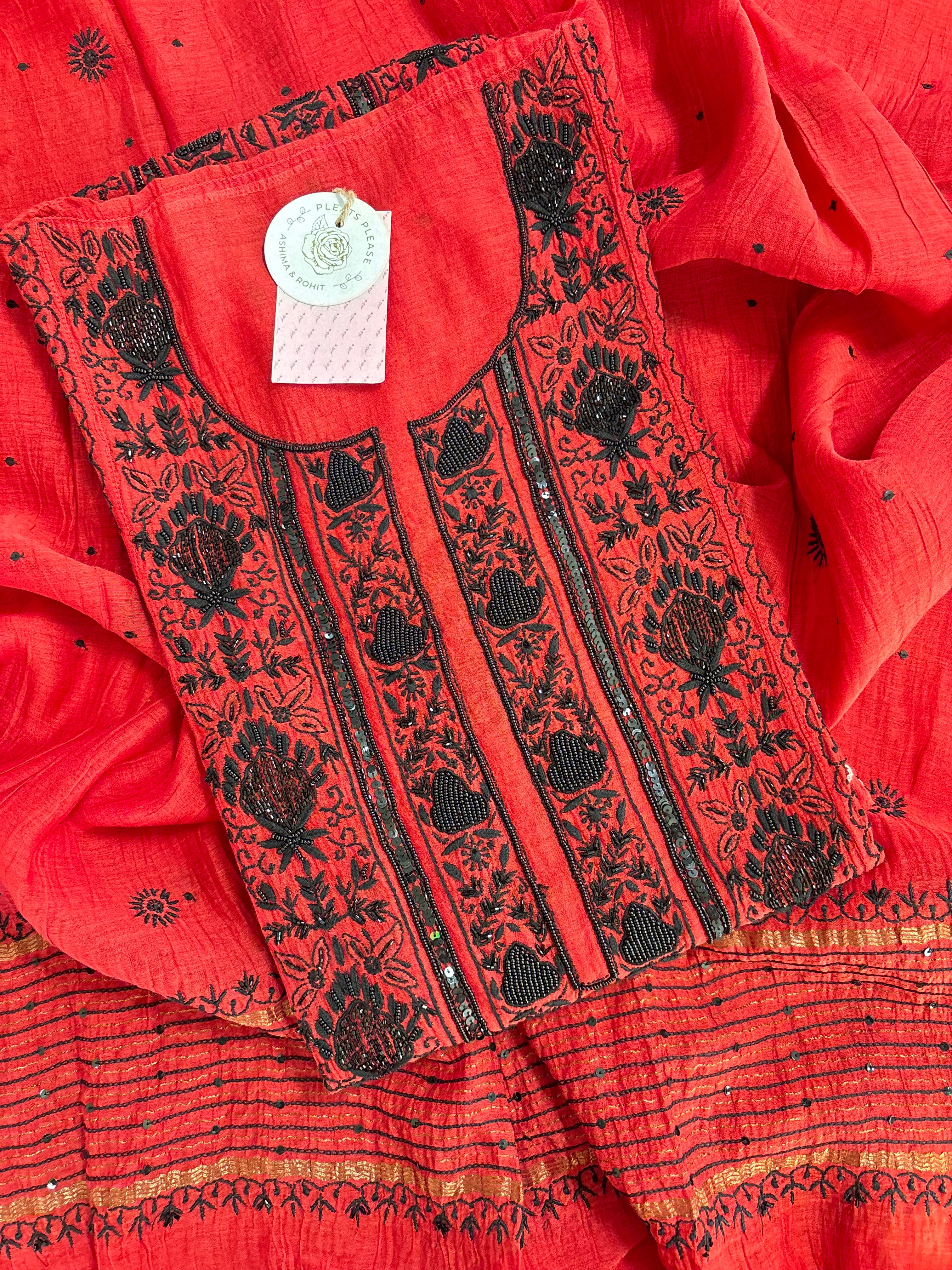 Red Chanderi Chikankari Kurta & Dupatta