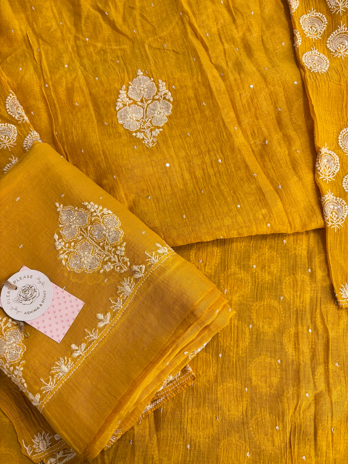Mustard Yellow Chanderi Mul Chikankari Kurta & Dupatta