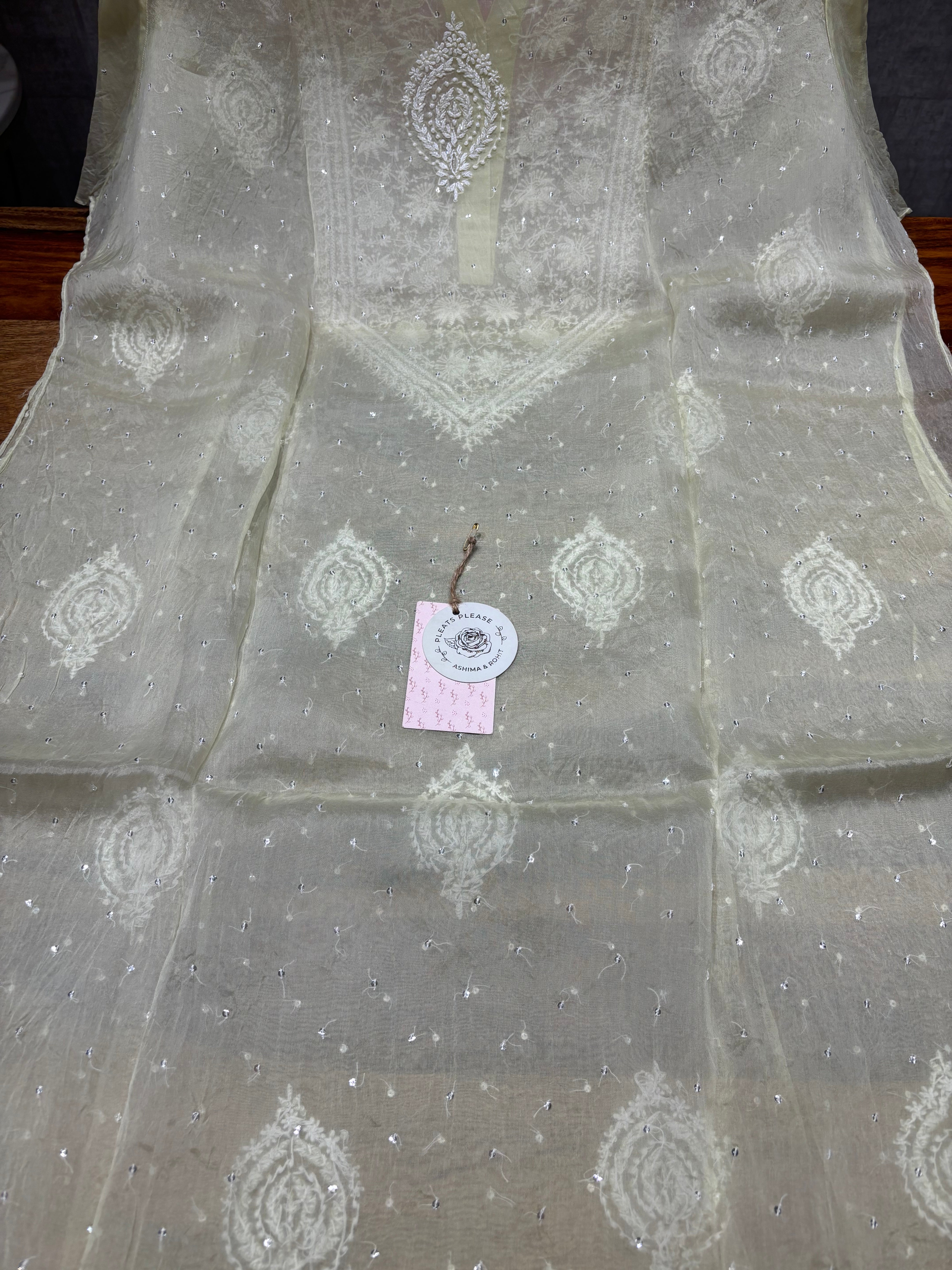 Pistachio Green Pure And Premium Organza Chikankari Co-ord Set