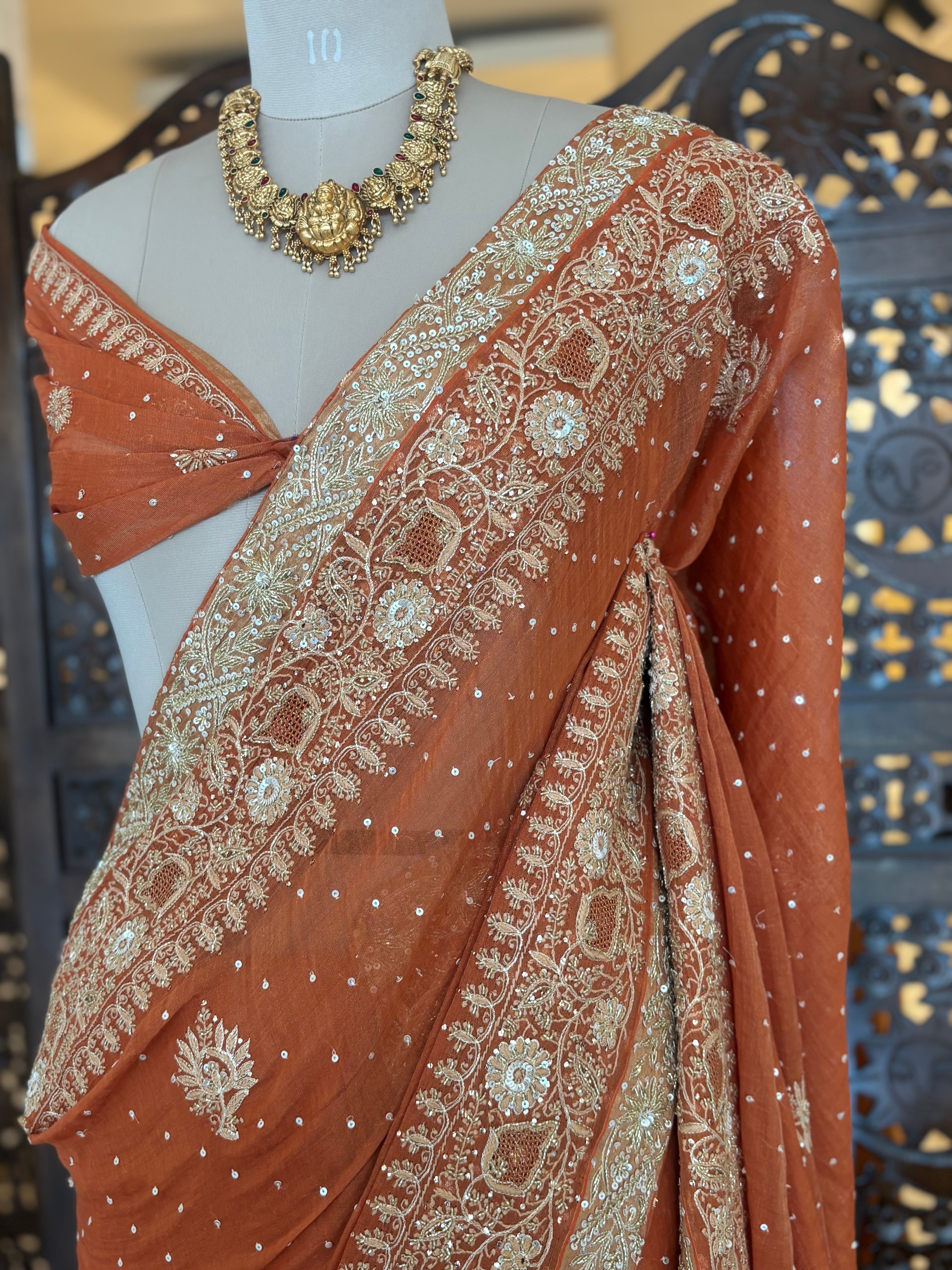 Burnt Orange Pure and Premium Tissue Chikankari Saree and Blouse - Pleats PleaseChikankari