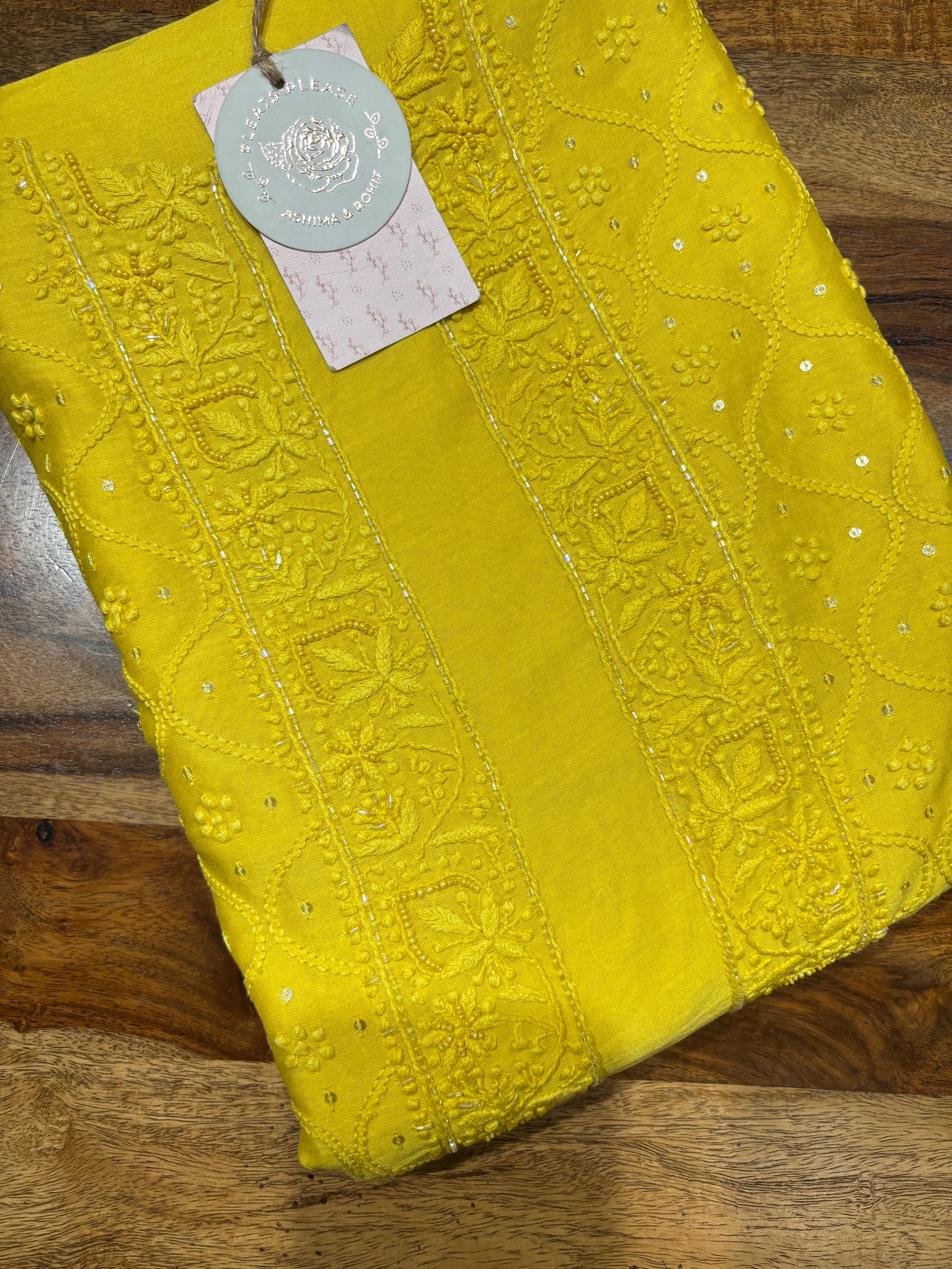 Yellow Chanderi Silk Chikankari Men’s Kurta Fabric