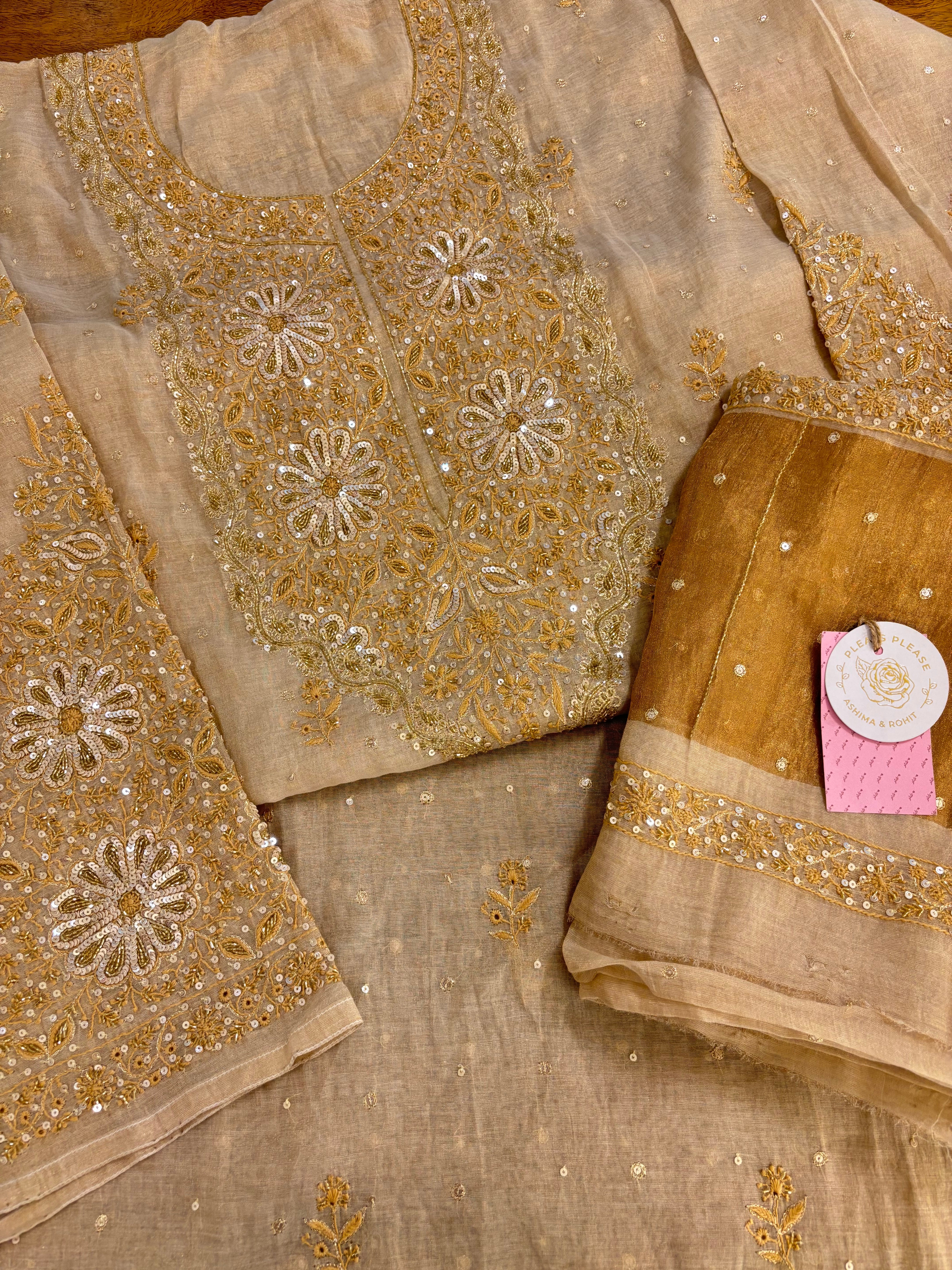Dyeable Pure & Premium Tissue Heavy Neckline Chikankari Kurta & Dupatta