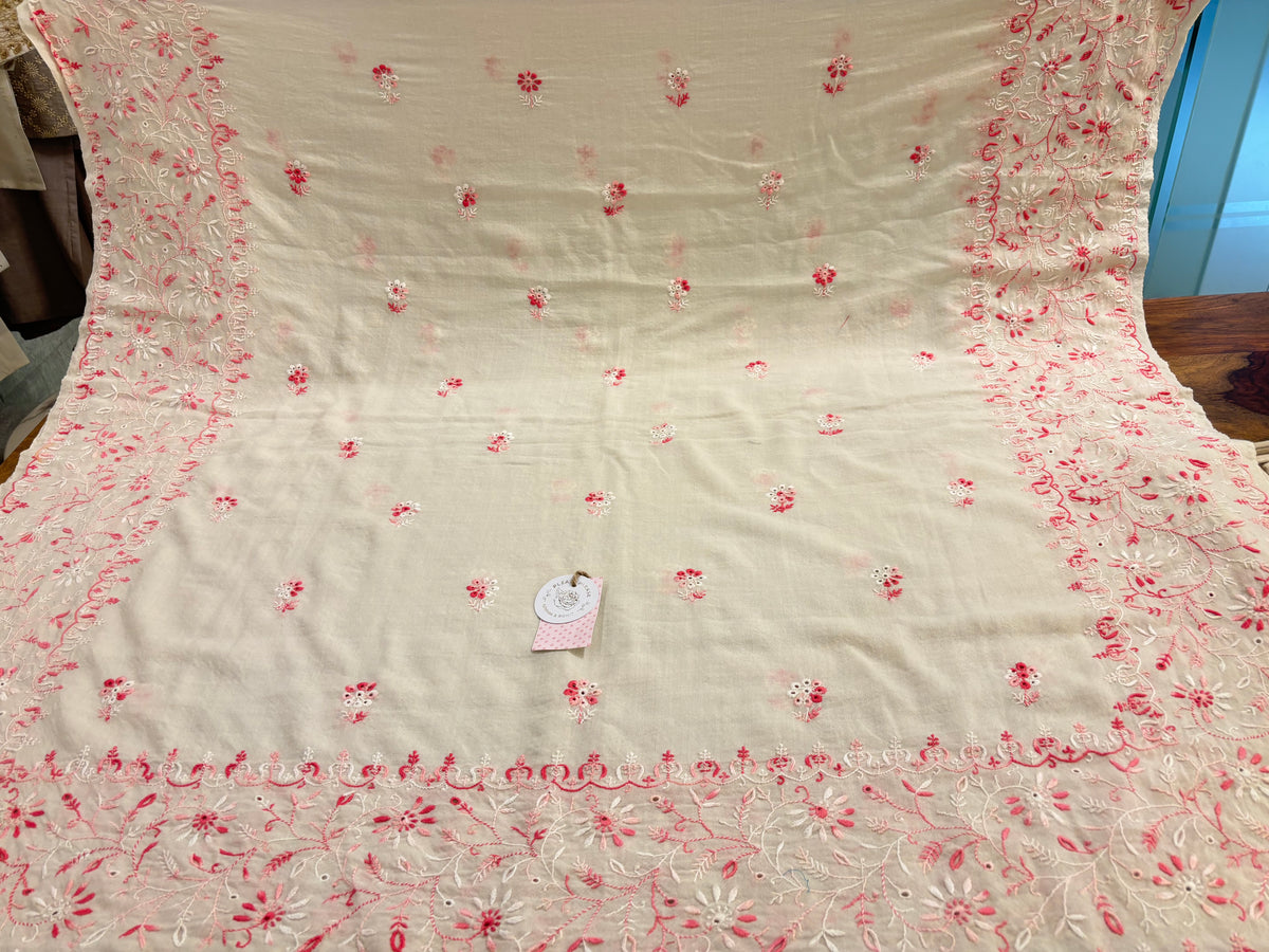 Ivory-Pink Pashmina Chikankari Shawl