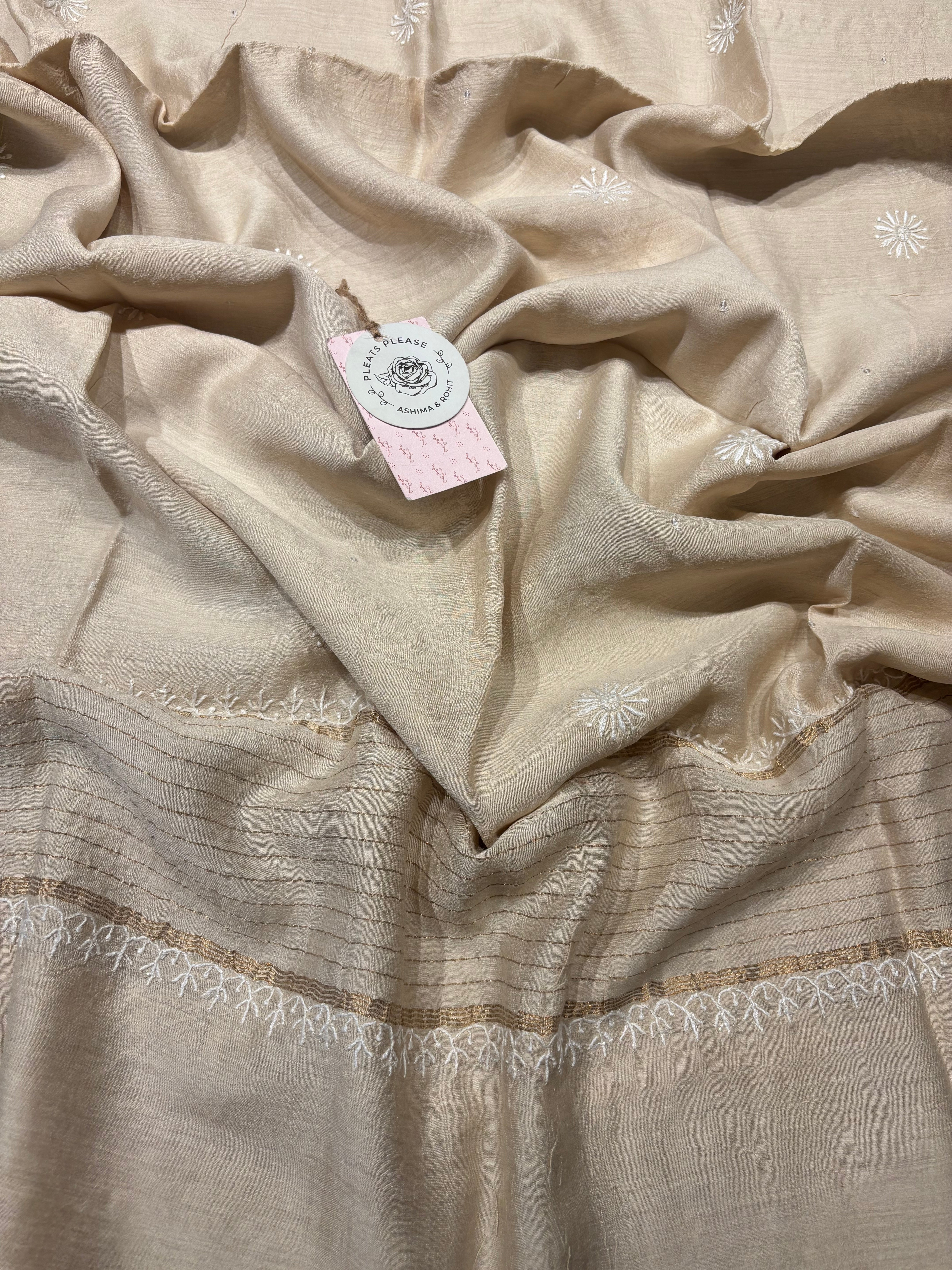 Dyeable Monga Silk Chikankari Kurta And Dupatta Set