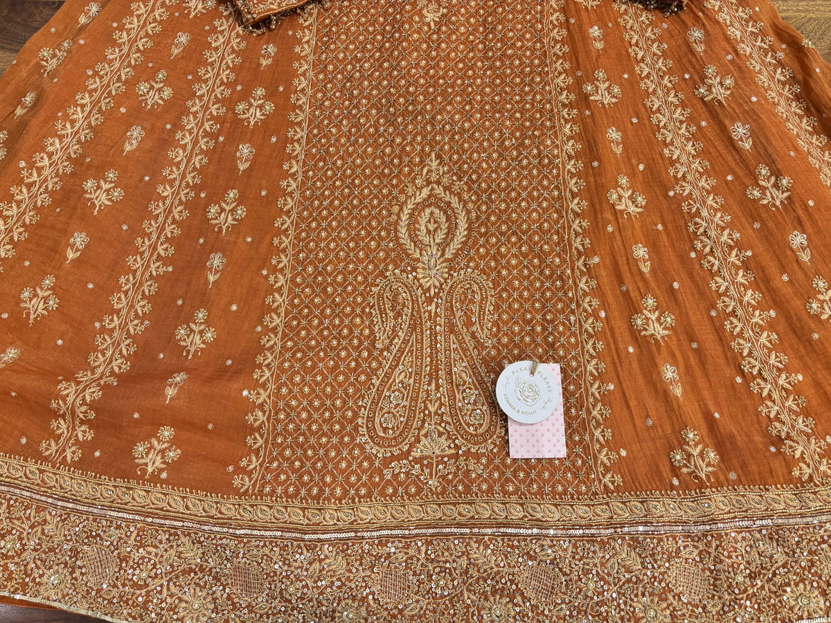 Burnt Orange Pure & Premium Tissue Chikankari Anarkali And Dupatta With Bottom