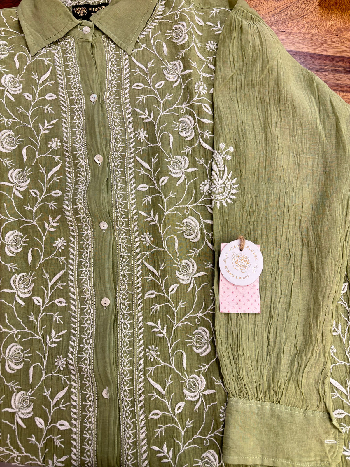 Olive Green Chanderi Mul Chikankari Women’s Shirt