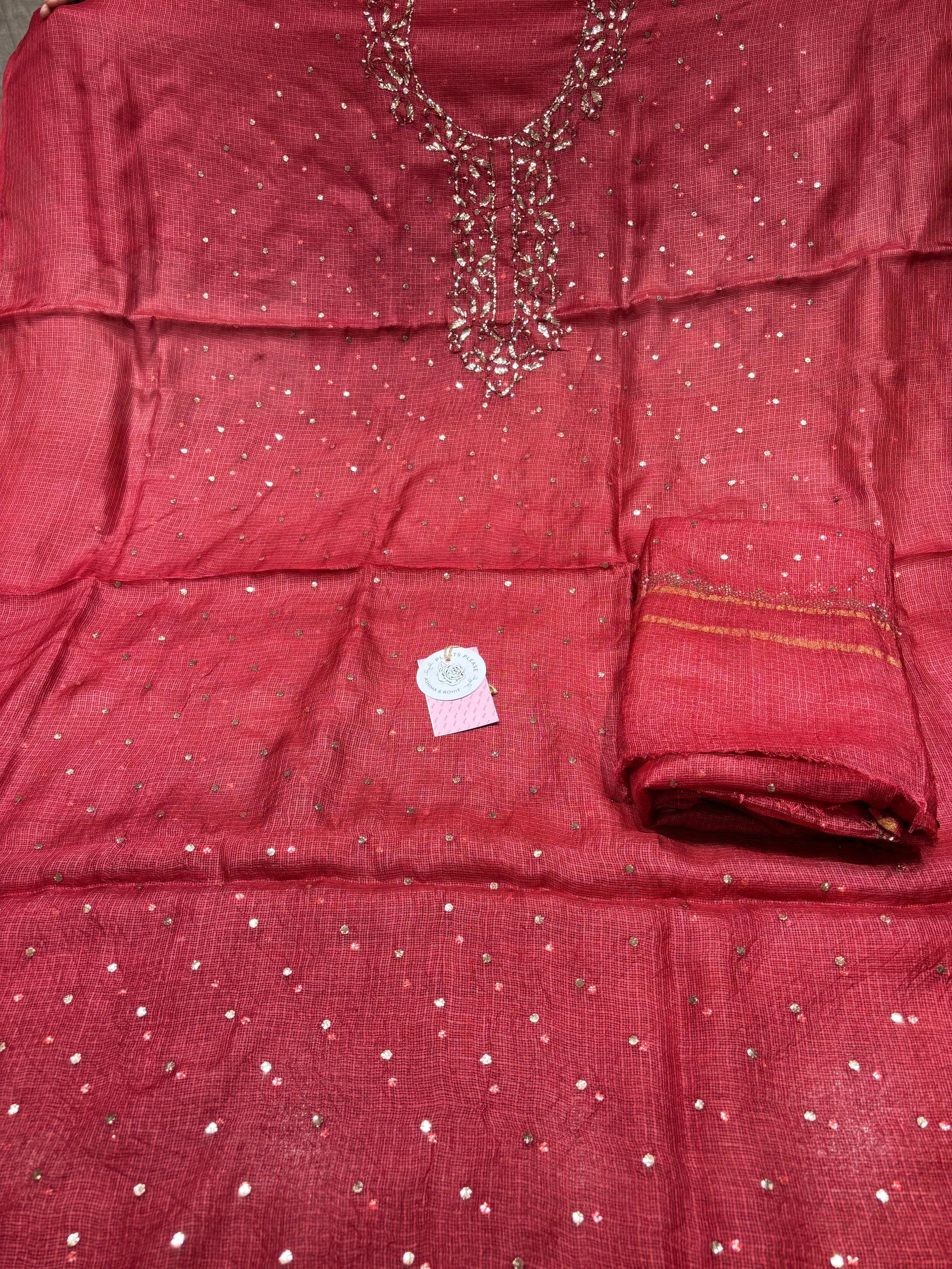 Maroon Kota Silk Mukaish Kurta & Dupatta Fabric