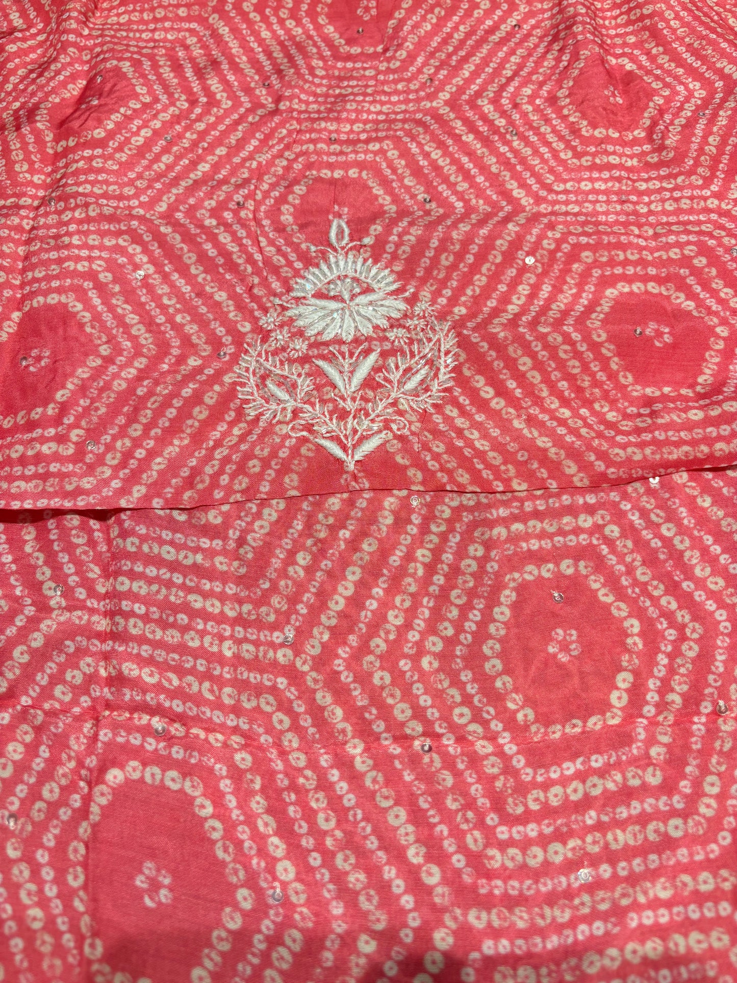 Pink Muslin Bandhani Chikankari Kurta fabric