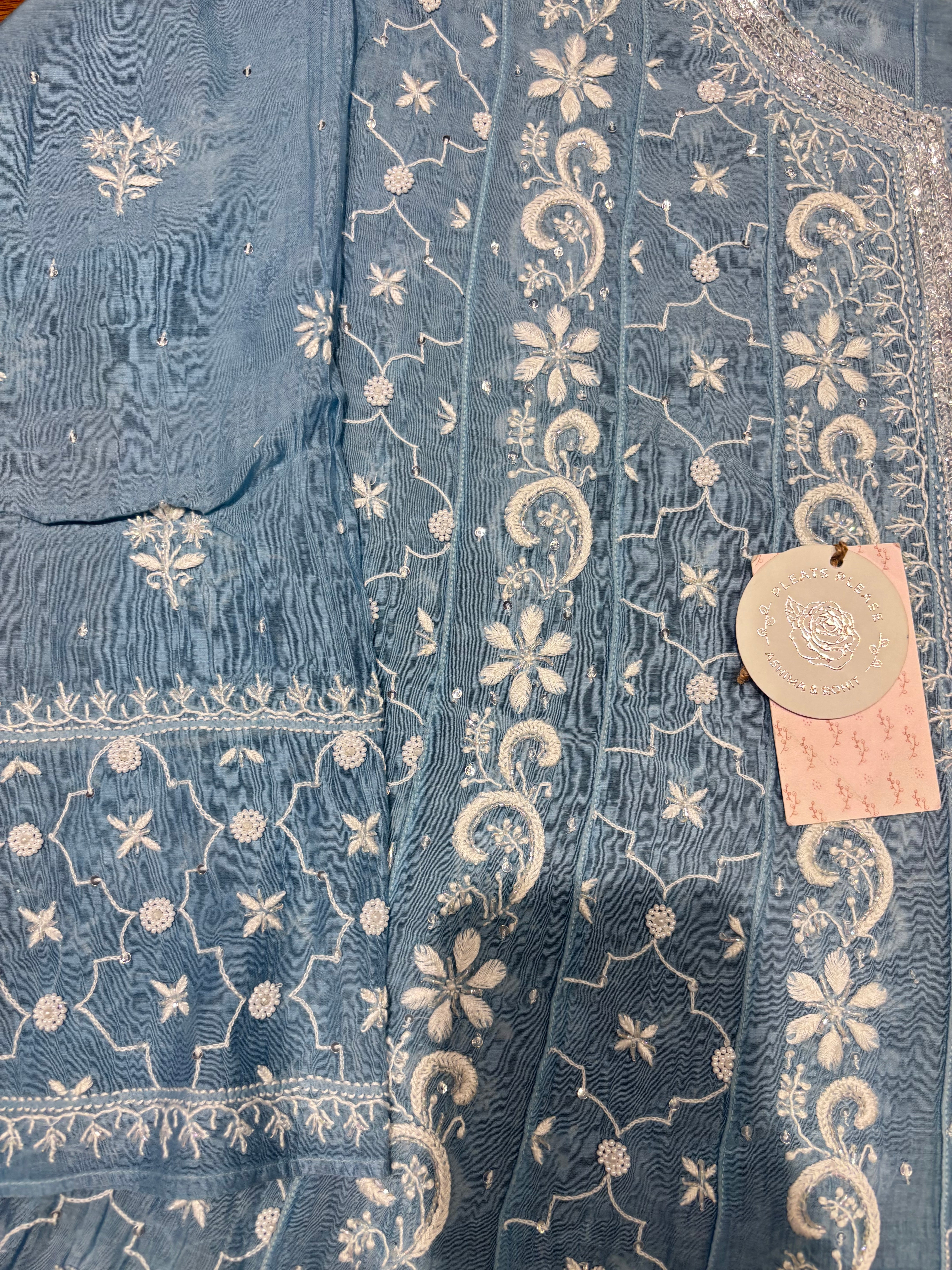 Powder Blue Chanderi Mul Chikankari Anarkali & Dupatta Set