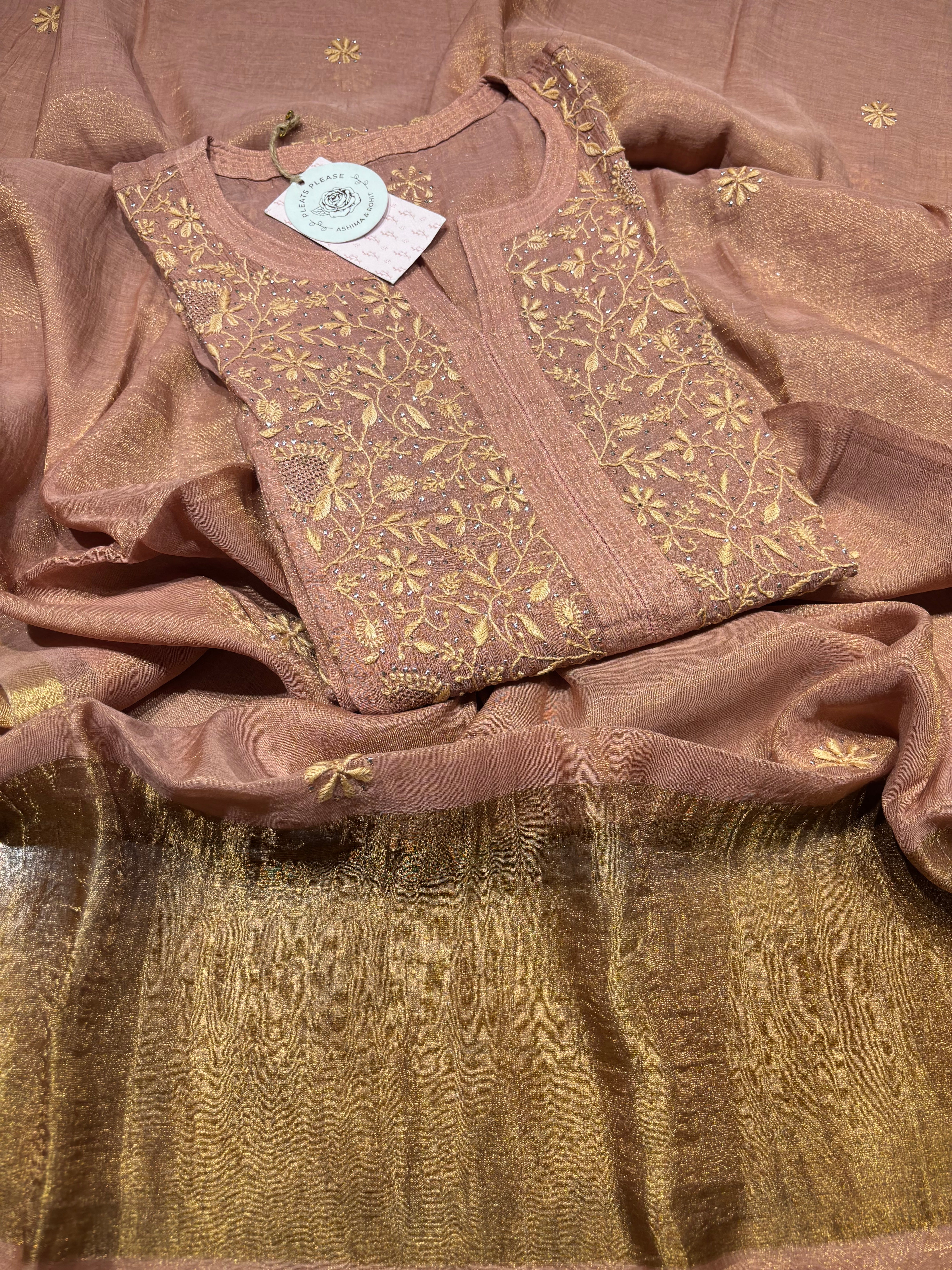 Garnet Pure Tissue Chikankari Kurta And Dupatta Set
