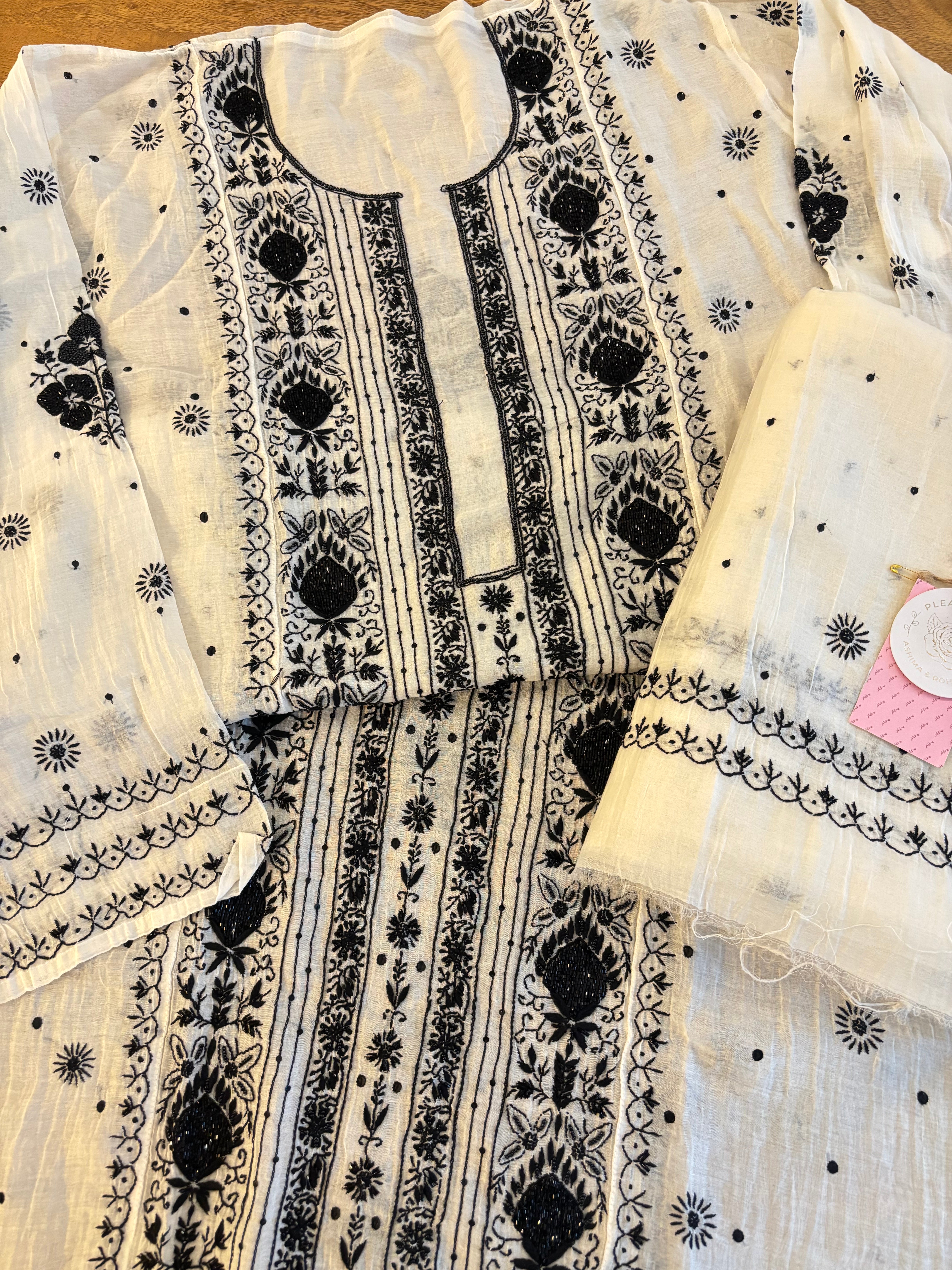 Dyeable Black & White Chanderi Chikankari Kurta & Dupatta