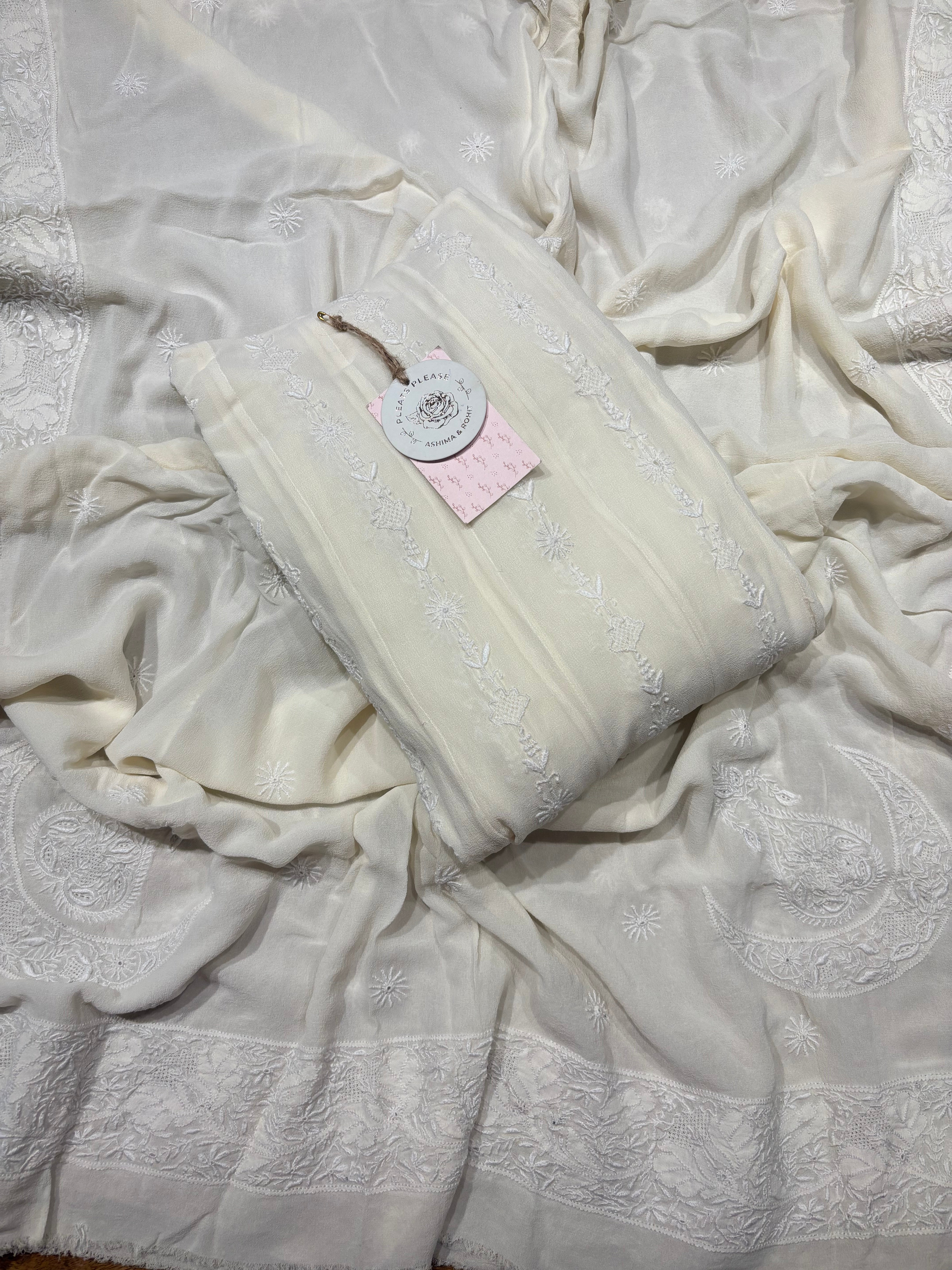 Off White Pure And Premium Georgette Chikankari Anarkali And Dupatta Set