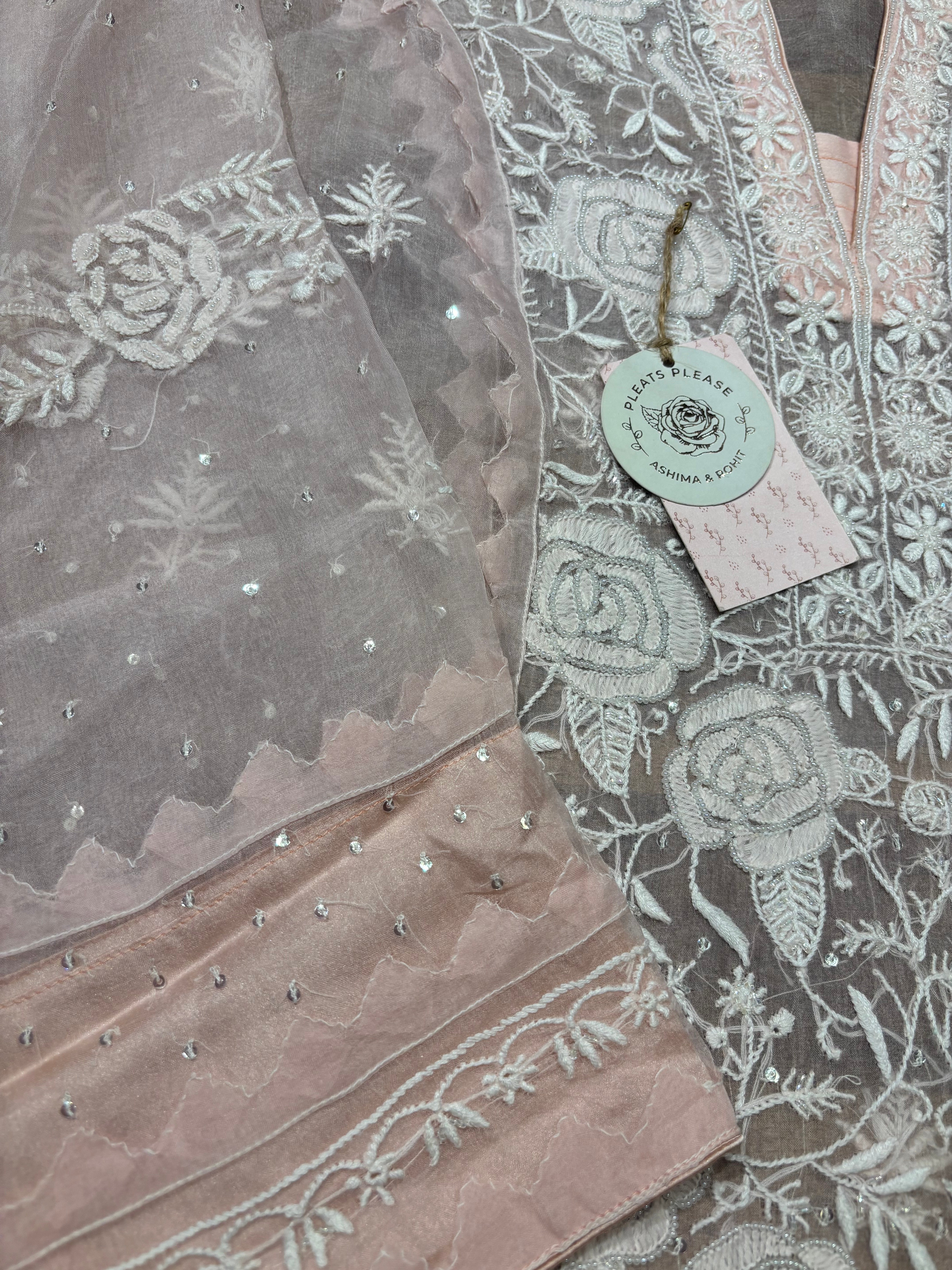 Soft Pink Pure & Premium Organza Chikankari Kurta & Dupatta Set