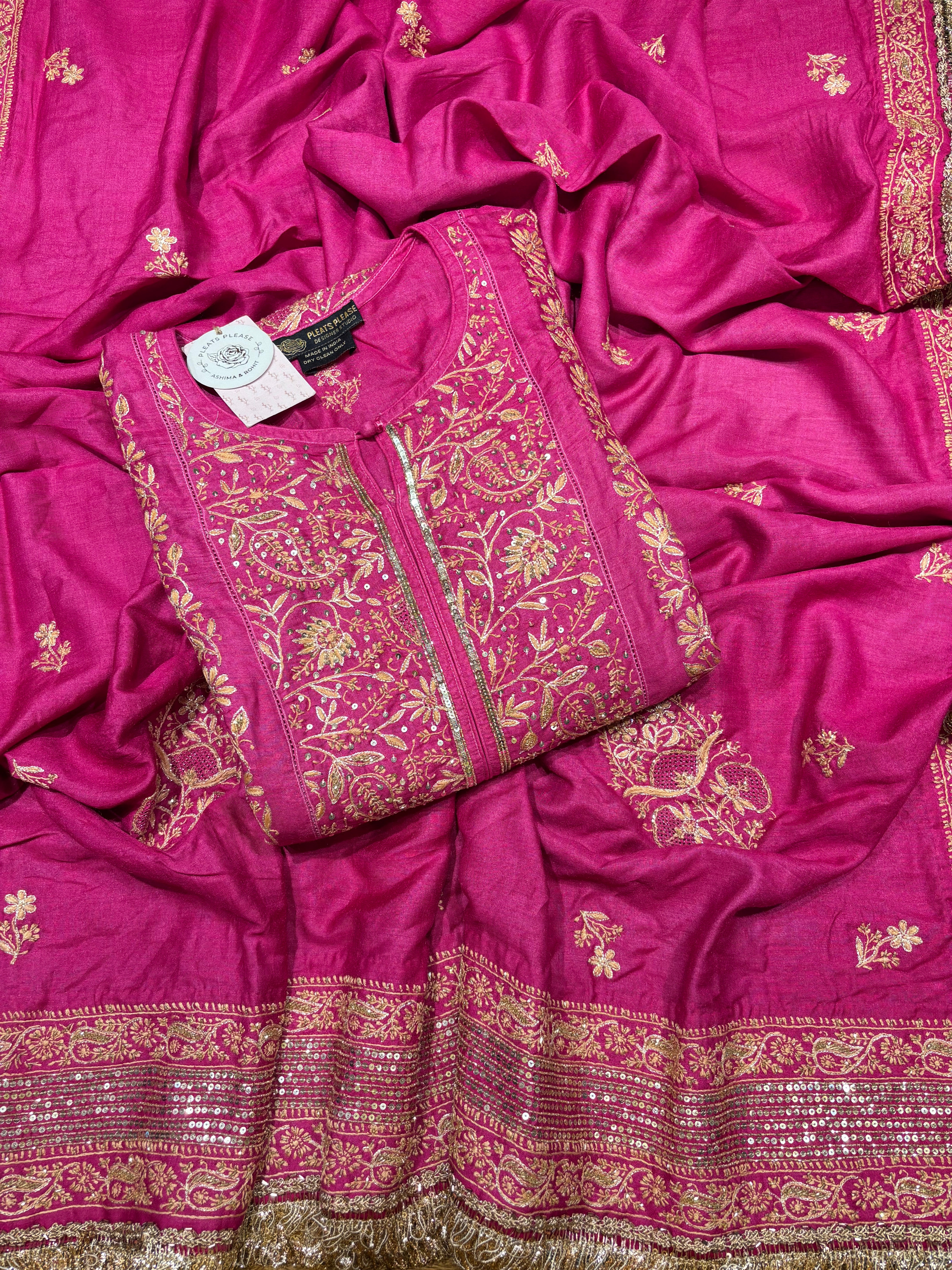 Fuschia Pink Monga Silk Chikankari A-Line Anarkali & Dupatta Set