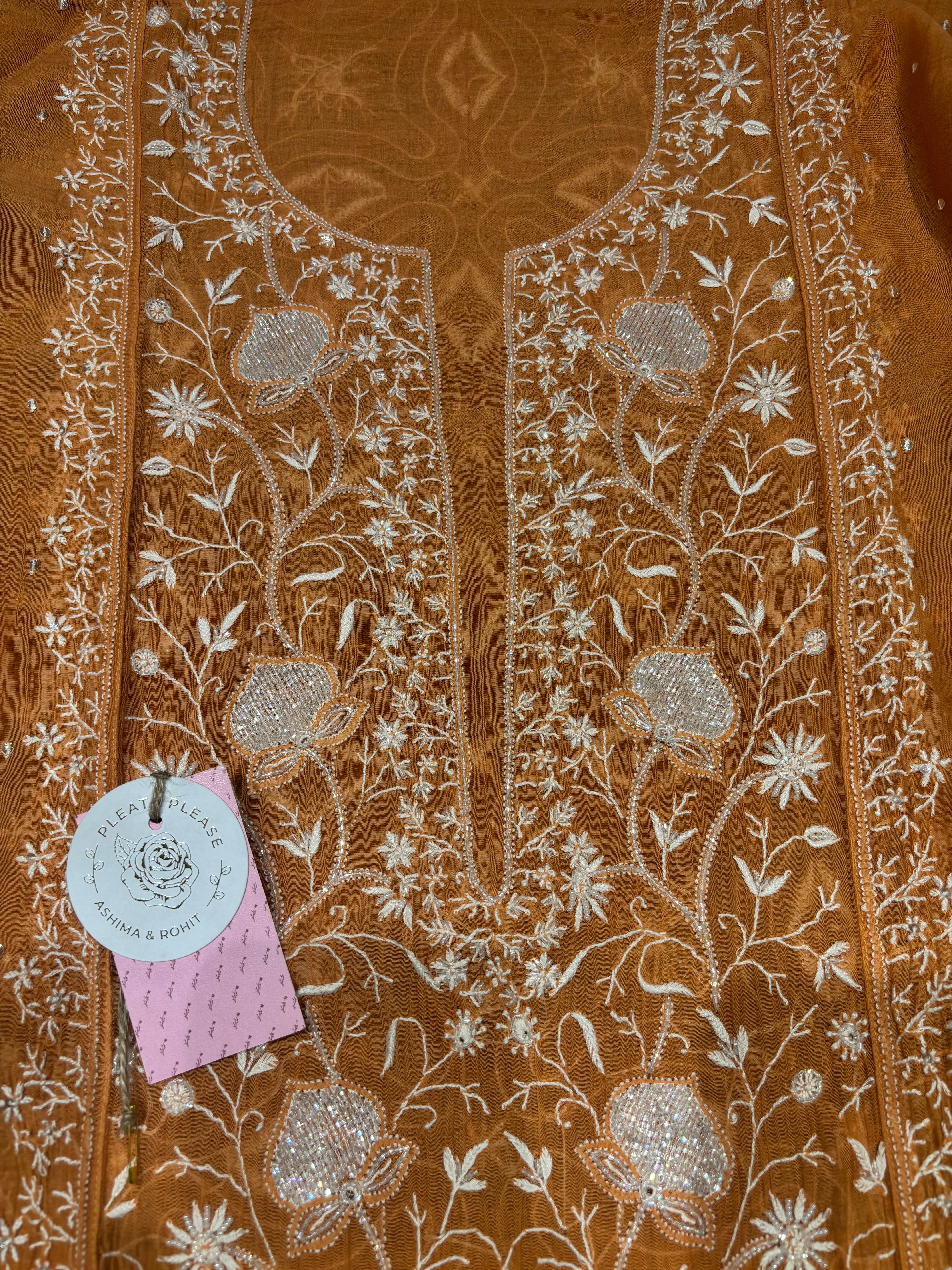 Orange Chanderi Mul Chikankari Kurta & Dupatta Set