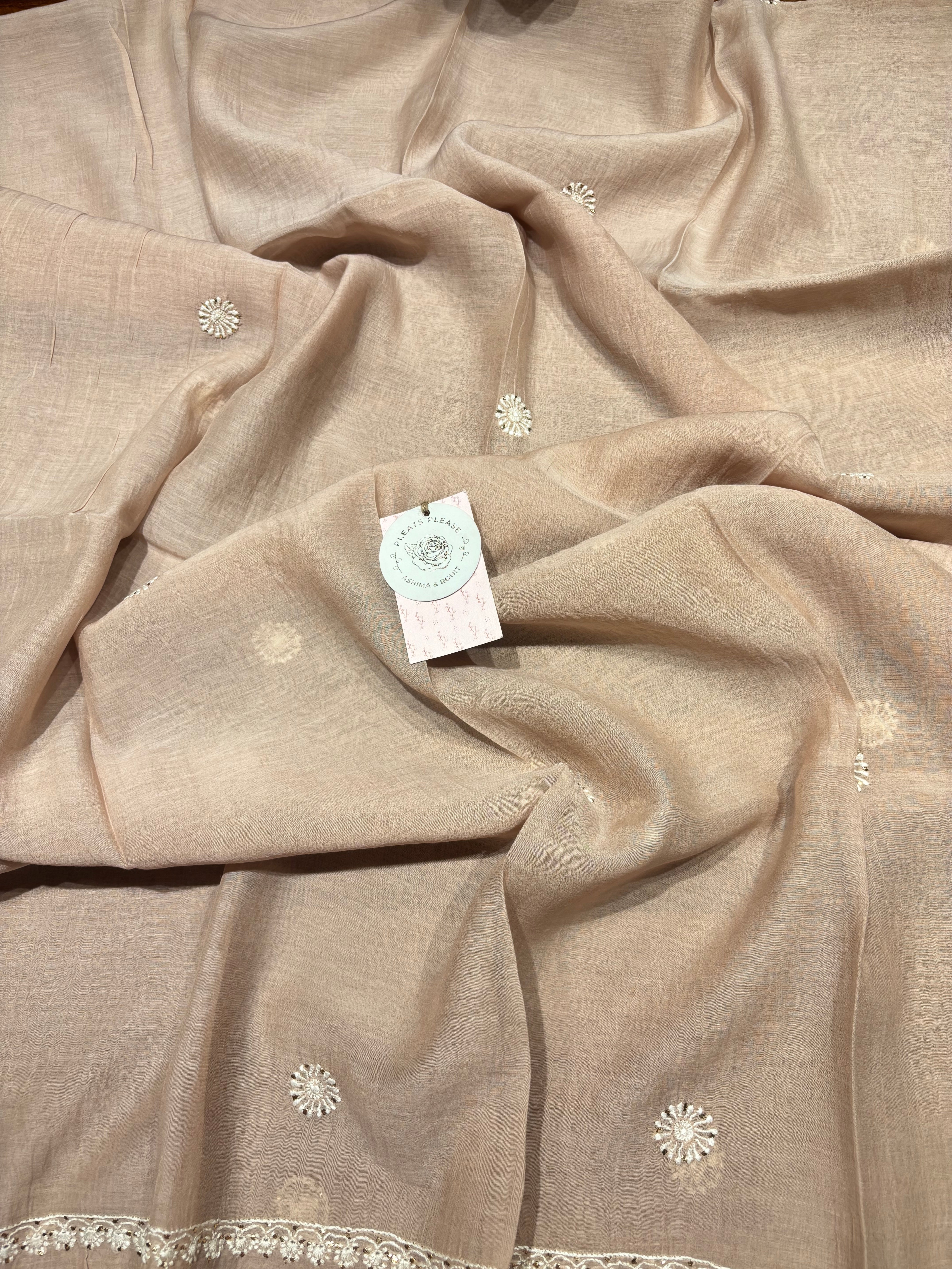 Nude Rose Chanderi Mul Chikankari & Mukaish Kurta & Dupatta Set