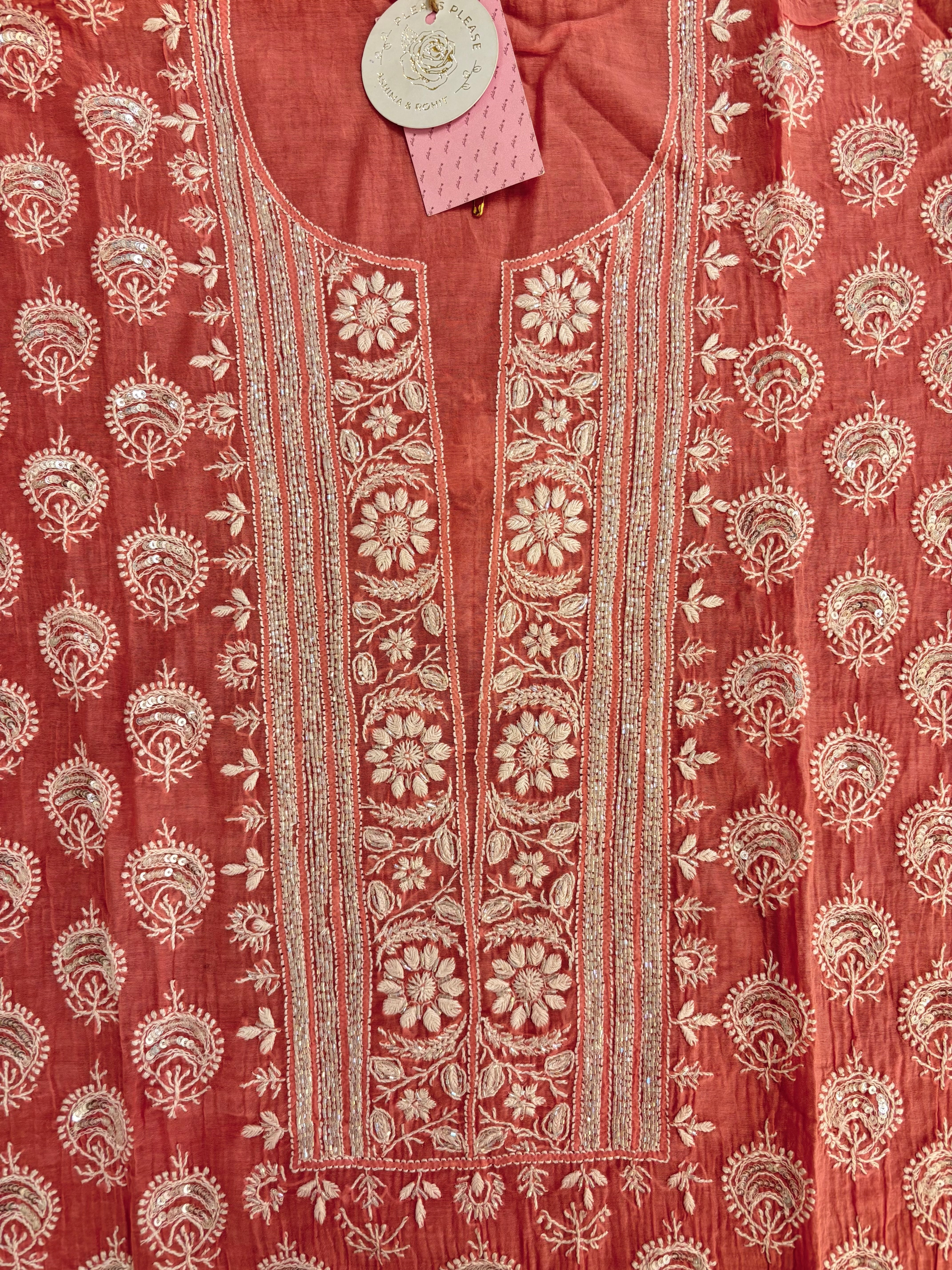 Peach Chanderi Mul Chikankari Kurta & Dupatta