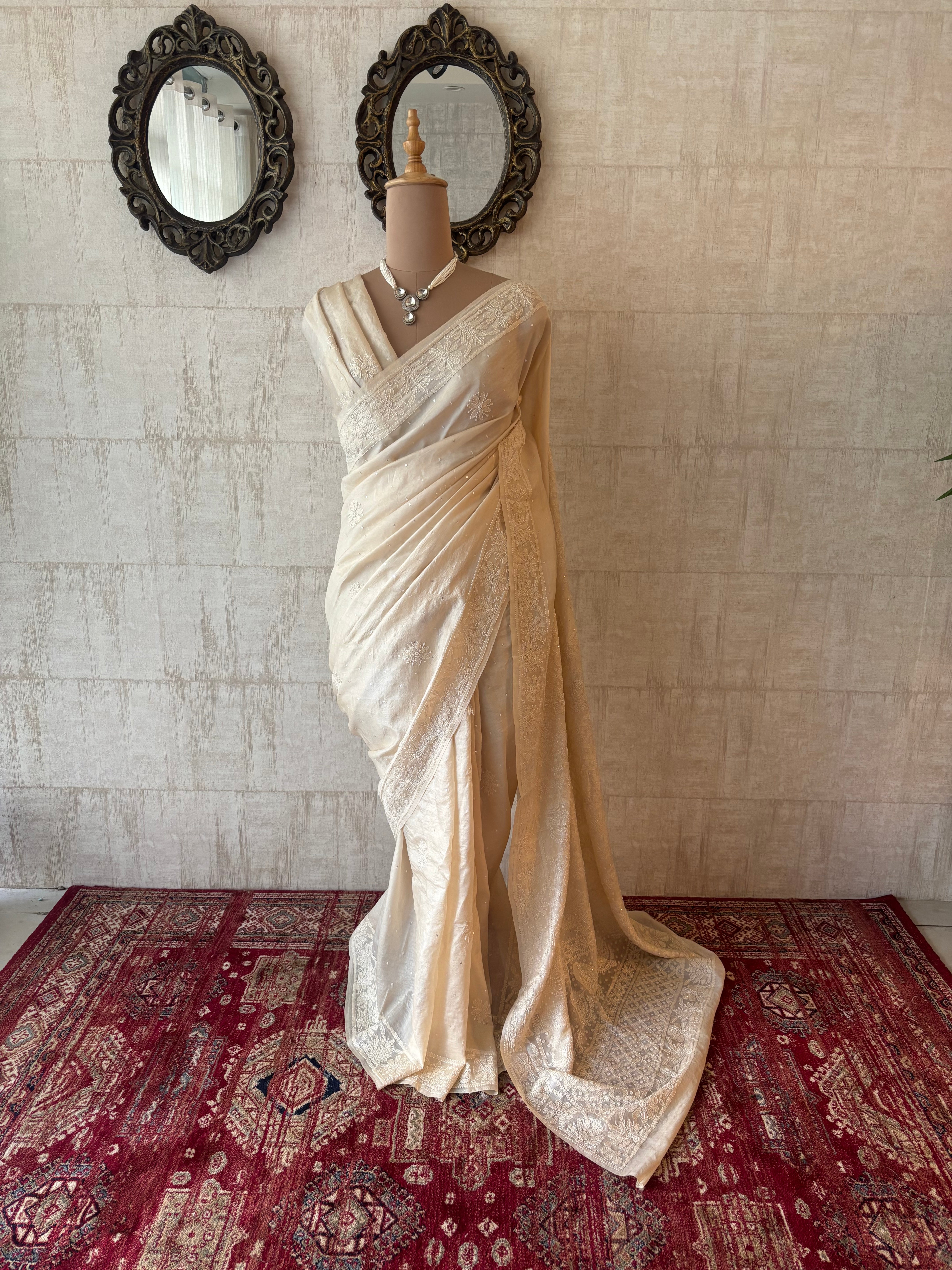 Dyeable Pure and Premium Tussar Silk Chikankari  Saree and Blouse