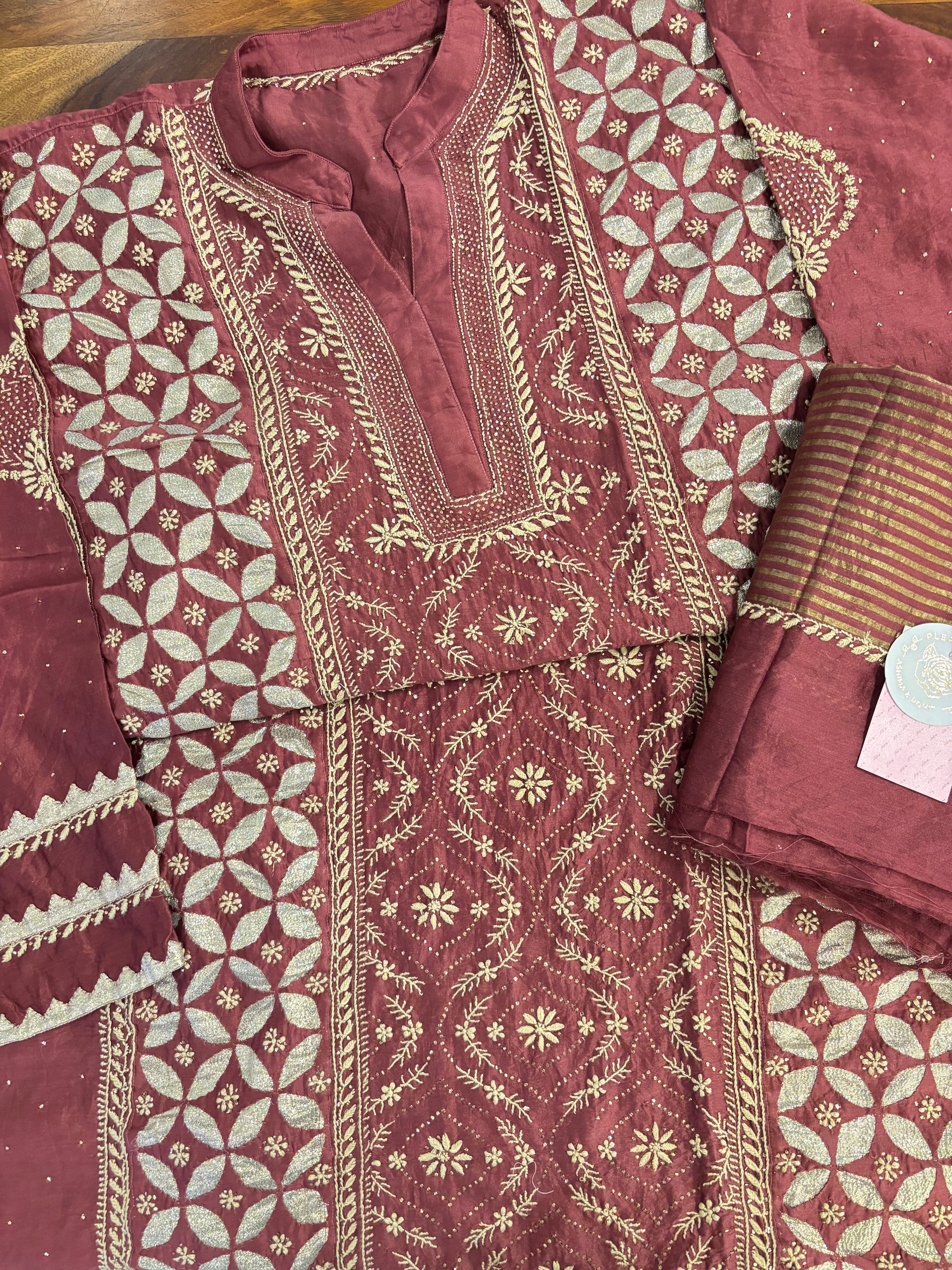 Maroon Chanderi Chikankari Mukaish Kurta & Dupatta