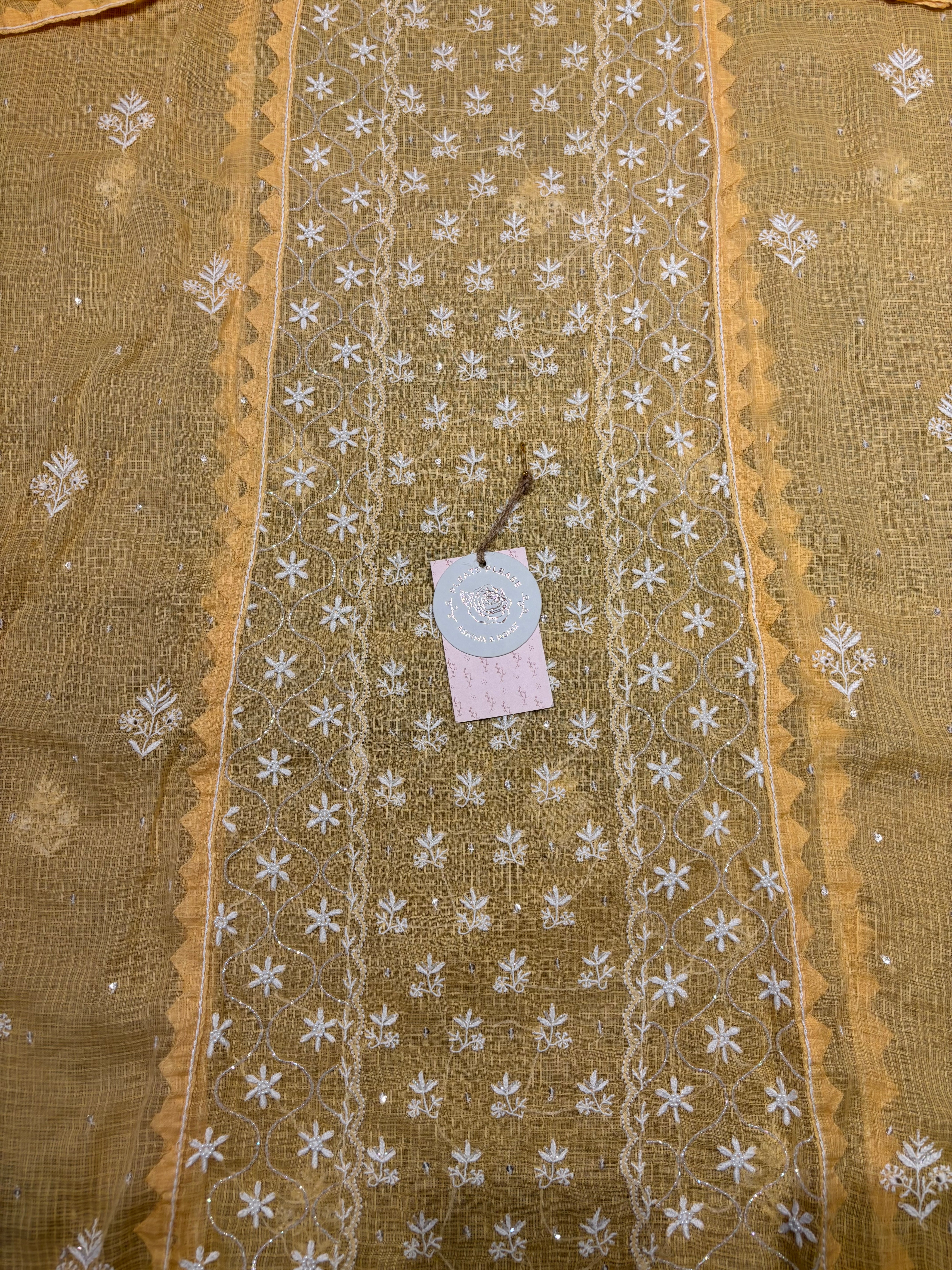 Yellow Kota Doria Chikankari Kurta And Dupatta Set