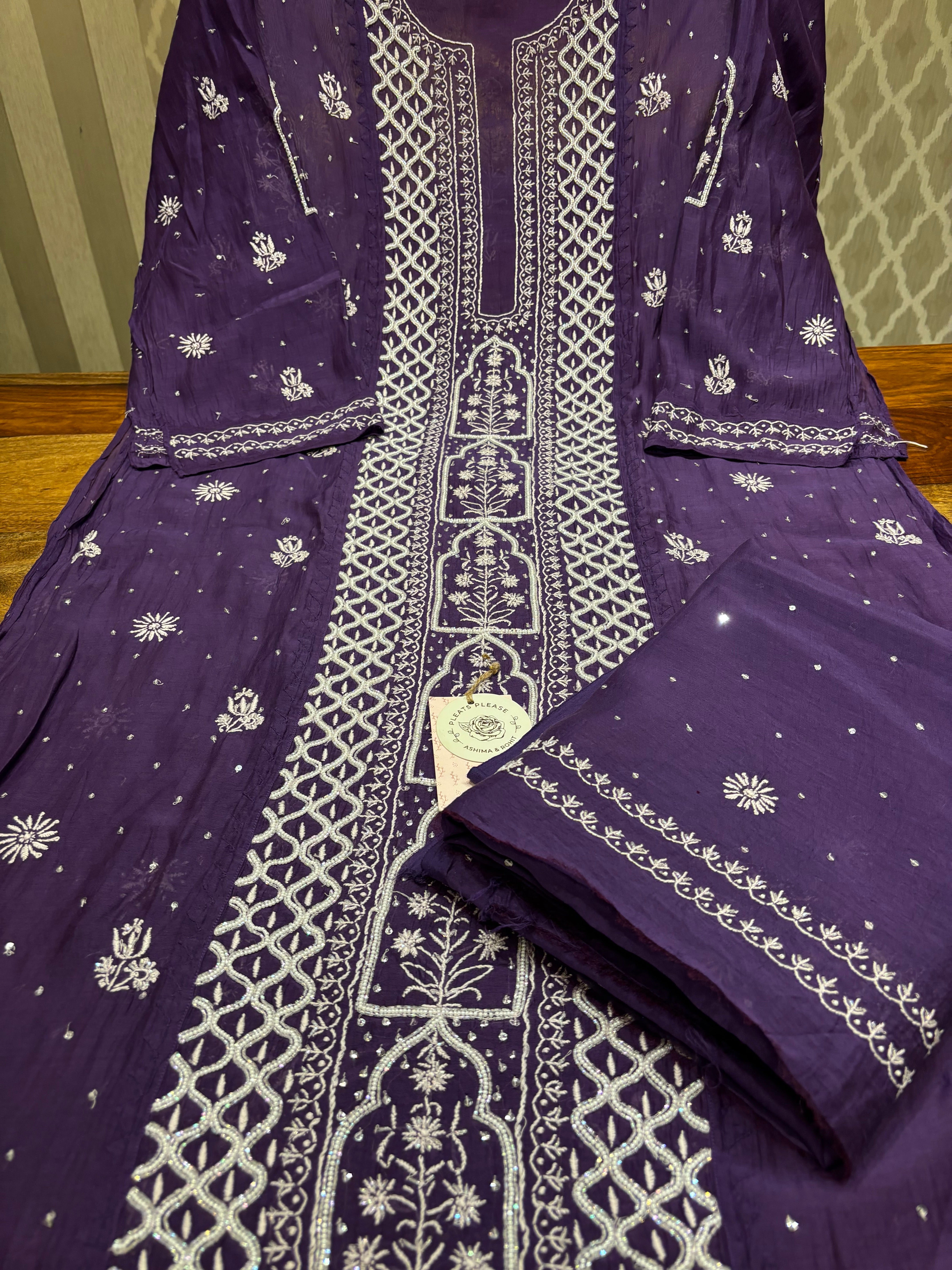 Aubergine Bloom Chanderi Mul Chikankari Kurta And Dupatta Set