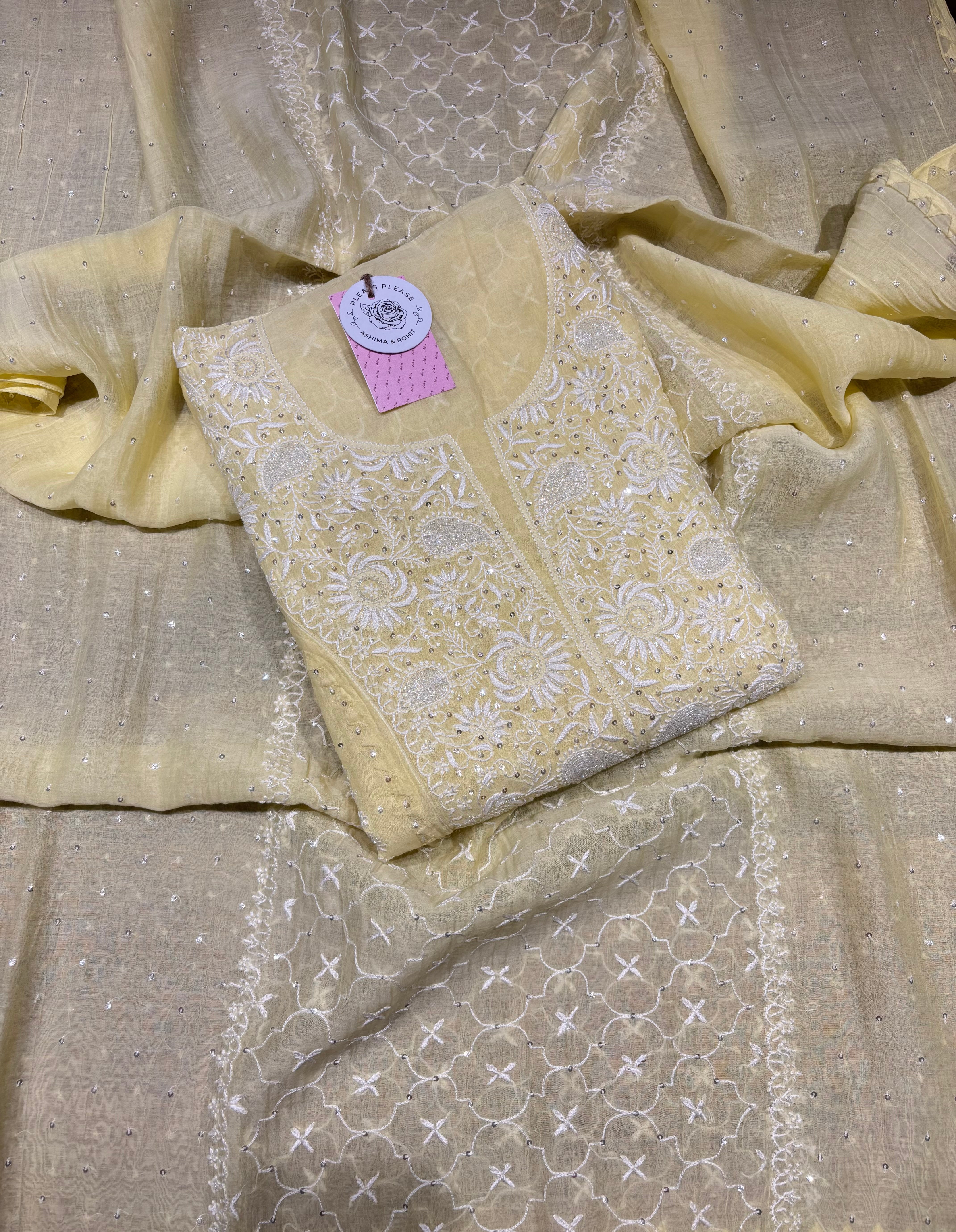 Yellow Chanderi Mul Chikankari Anarkali & Dupatta Set