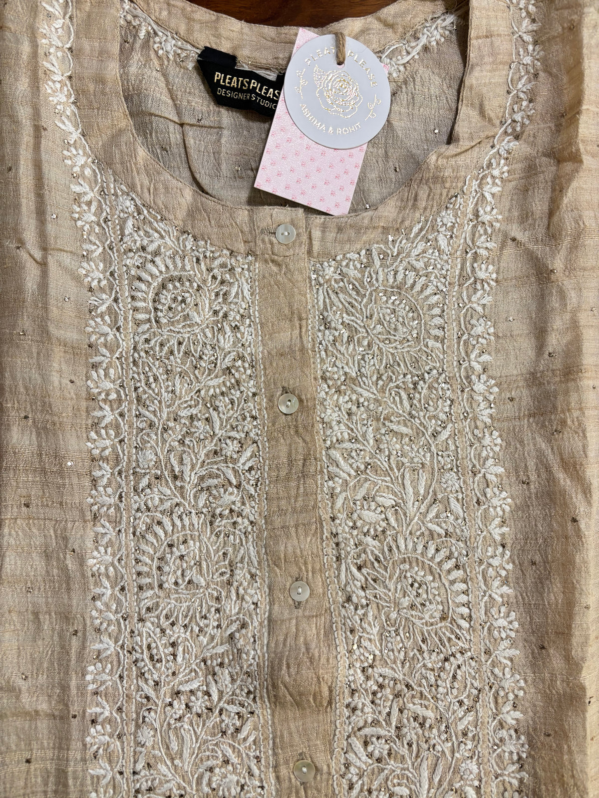Natural Tussar Silk Chikankari Mukaish Co-Ord Set