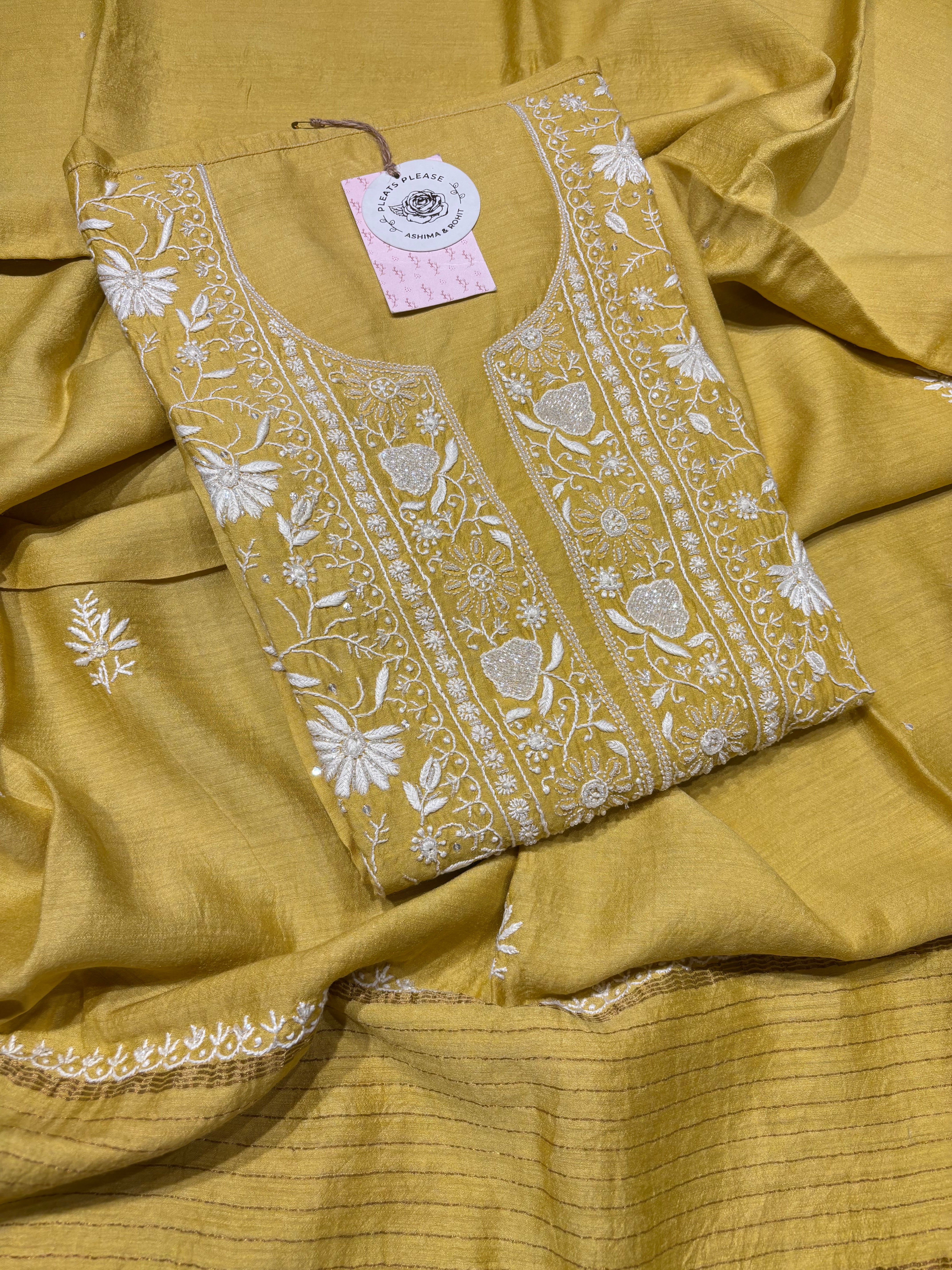 Yellow Monga Silk Chikankari Kurta and Dupatta set