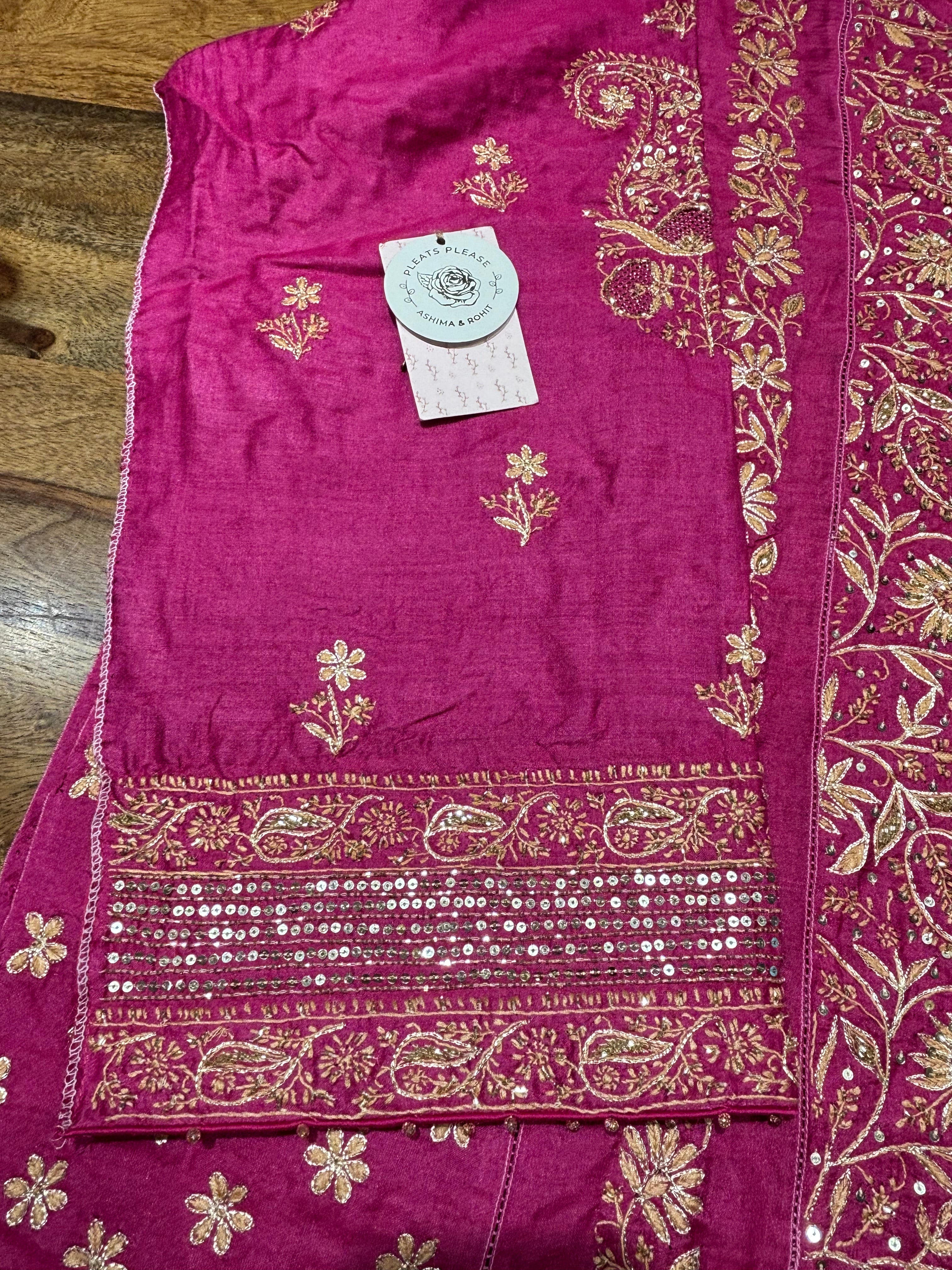 Fuschia Pink Monga Silk Chikankari A-Line Anarkali & Dupatta Set