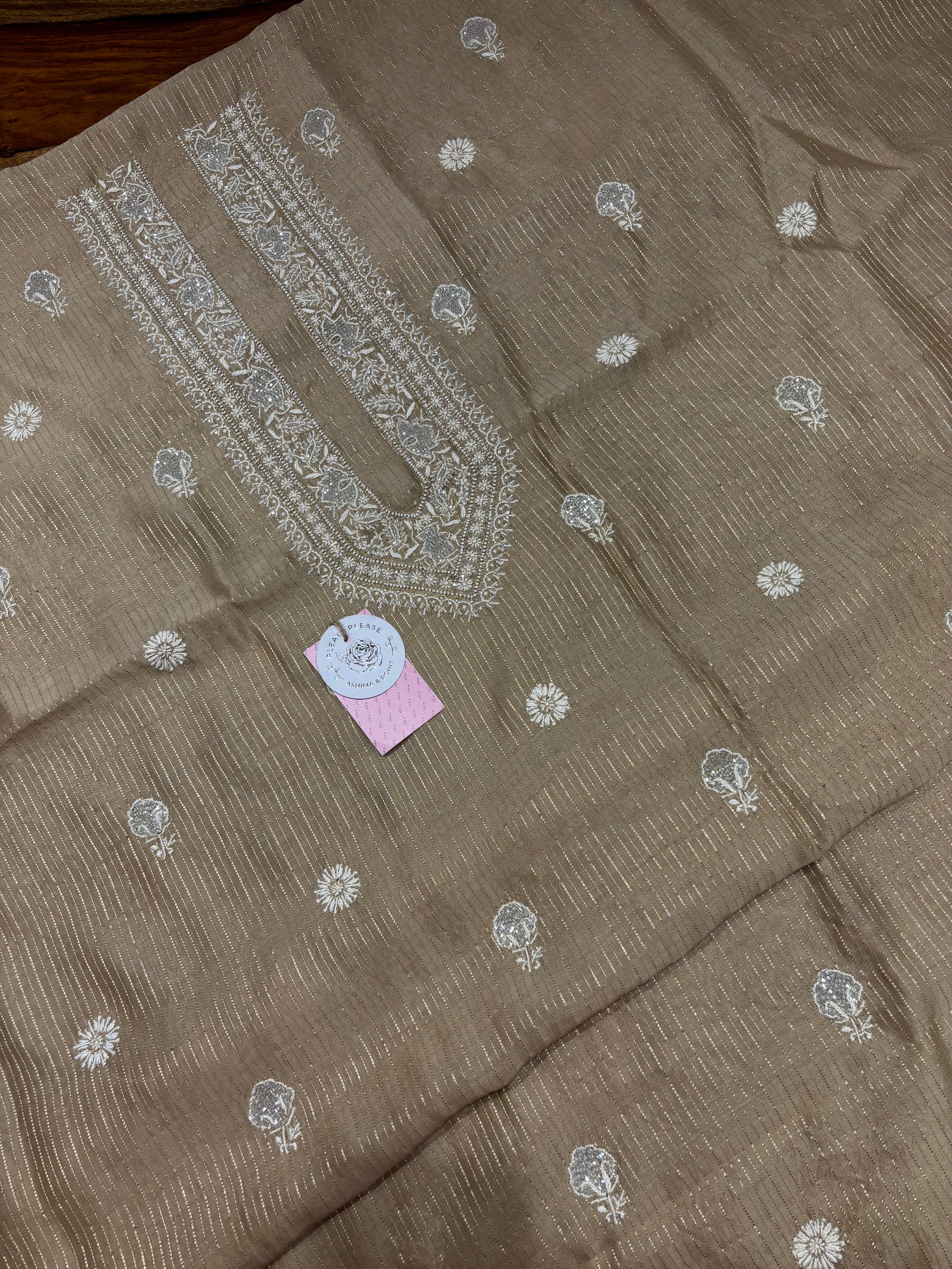 Golden Brown Chanderi Silk Chikankari Men’s Kurta Fabric