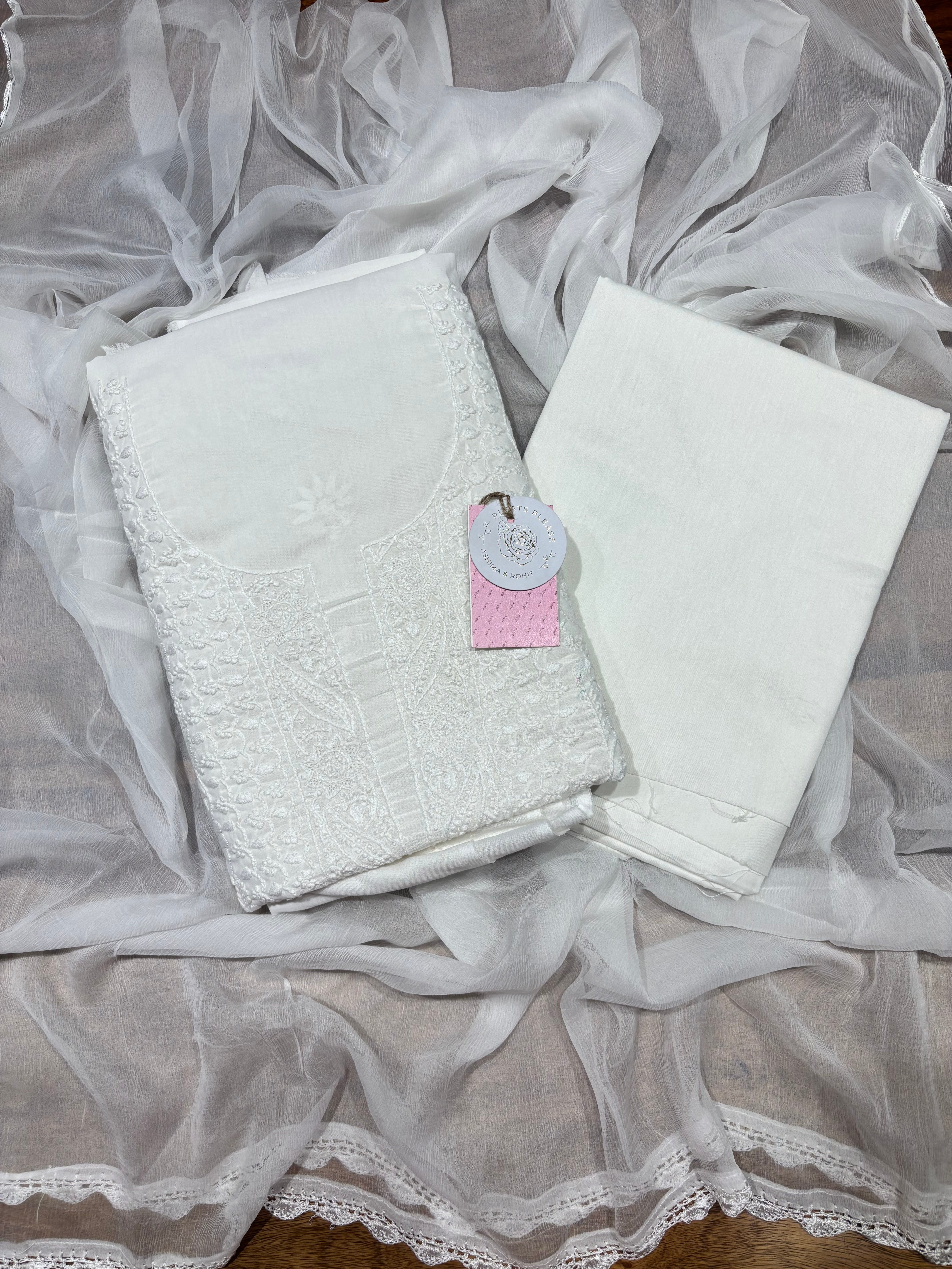 Dyeable Mulmul Chikankari Kurta, Dupatta & Bottom Fabric