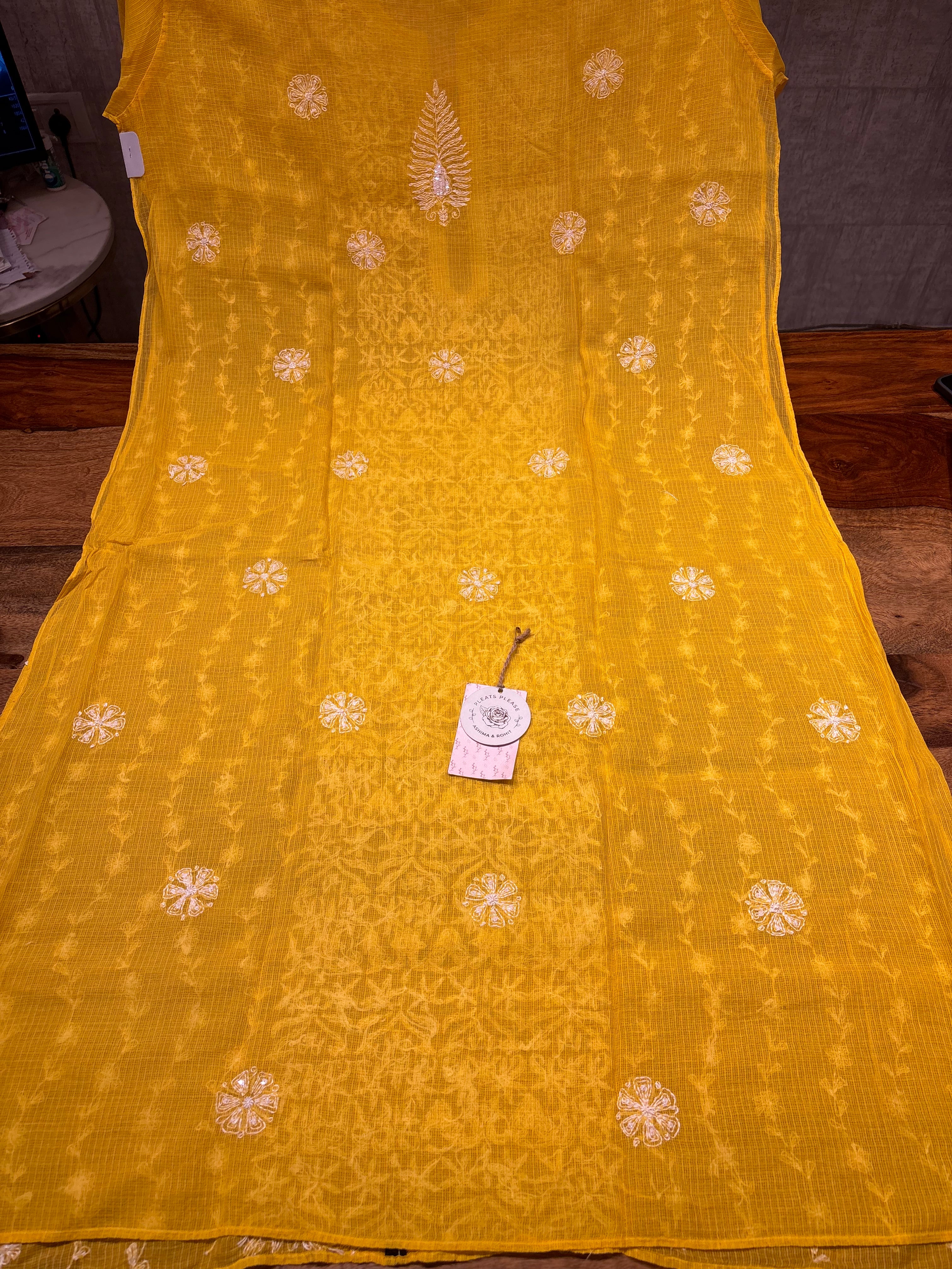 Yellow Kota Doria Chikankari Kurta and Dupatta
