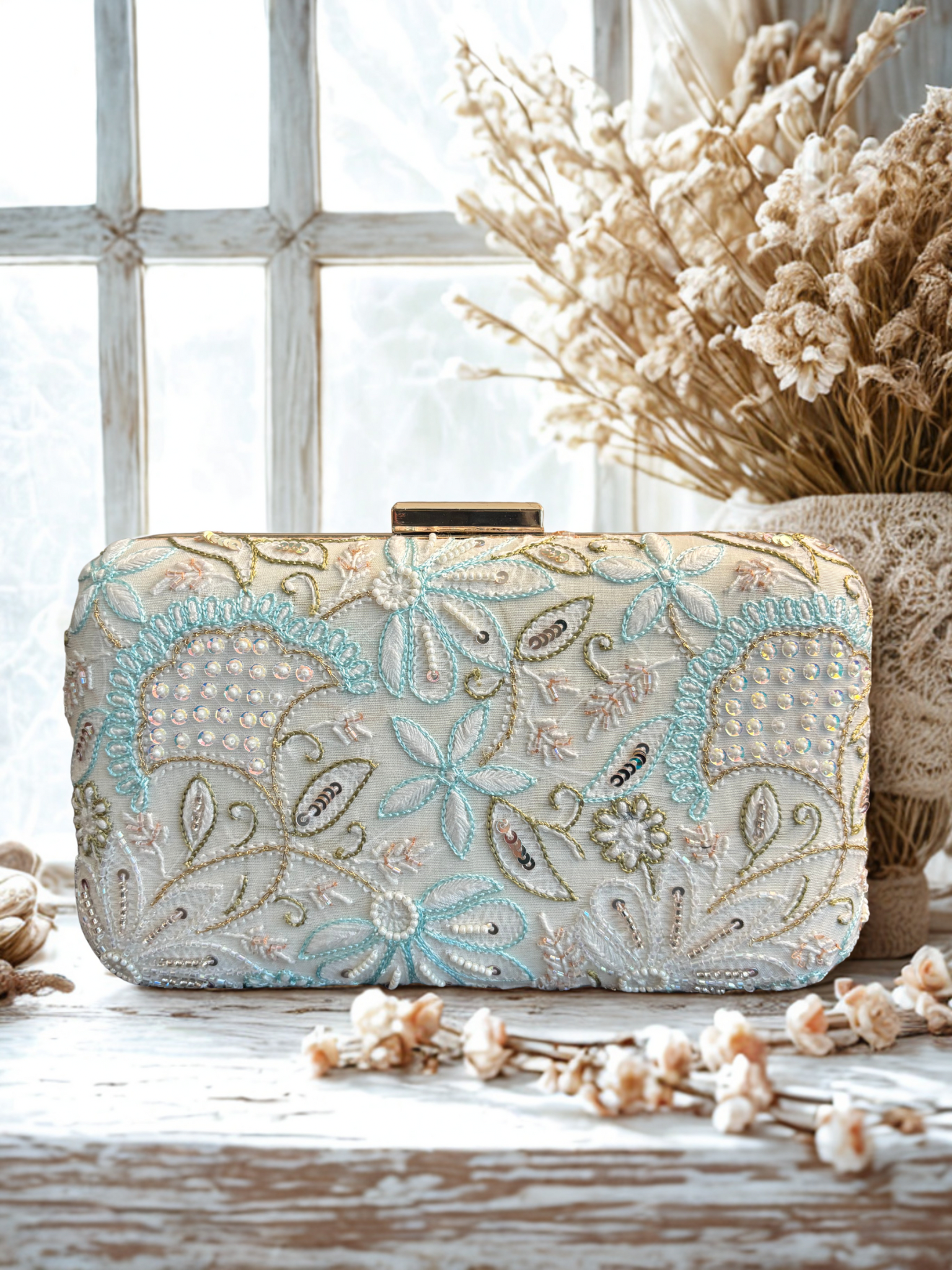 Off White Chikankari Clutch